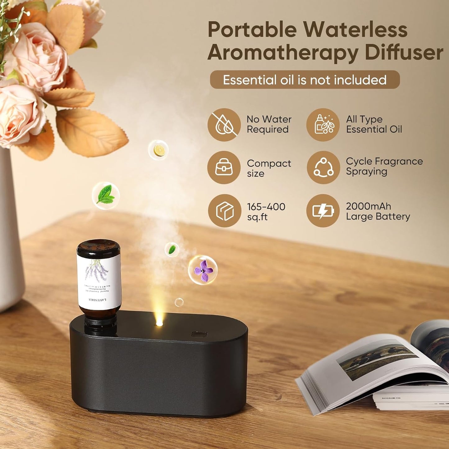 Waterless Diffuser for Essential Oil Nebulizer, Mini Scent Air Machine, Aromatherapy Atomizing Diffuser, 3 Mist Modes, Cycle Start for Bedroom, Home, Office 160 sq. ft Scent Black