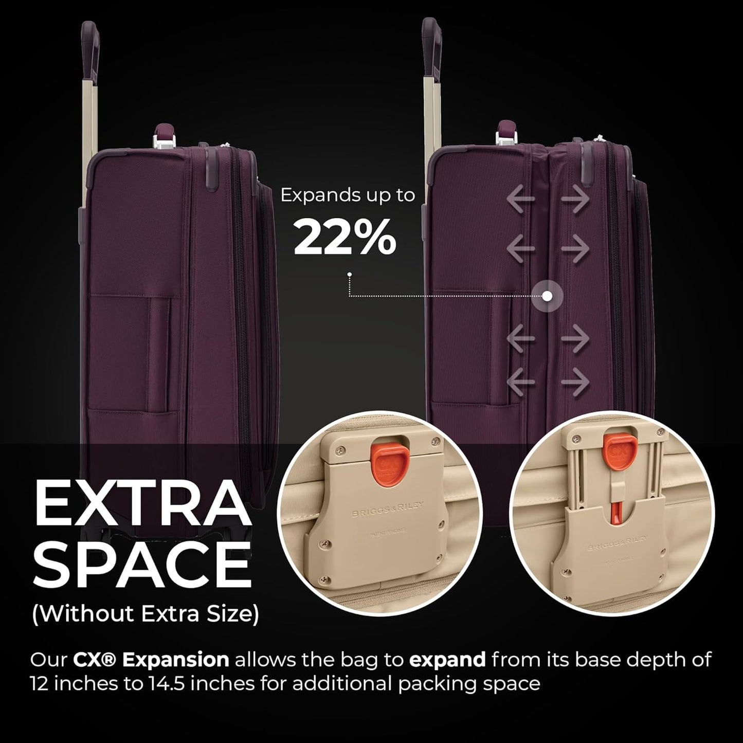 Briggs & Riley 26" Medium Expandable Spinner - Checked Luggage for Travel, Suitcases with Wheels, Softside Rolling Bag for Men & Women, Self-Repairing Zipper - Baseline Collection, Plum