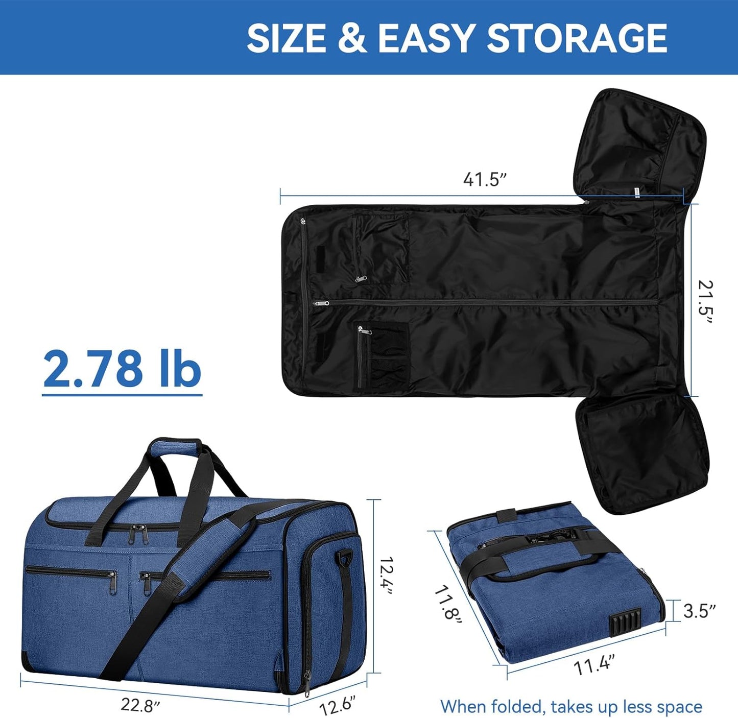 Large Garment Bag for Travel, Bukere Convertible Suit Travel Garment Duffel Bag for Men Women Business, Shoe Compartment, Detachable Shoulder Strap, Multi-Function 2 in 1 Weekender Bag, Blue