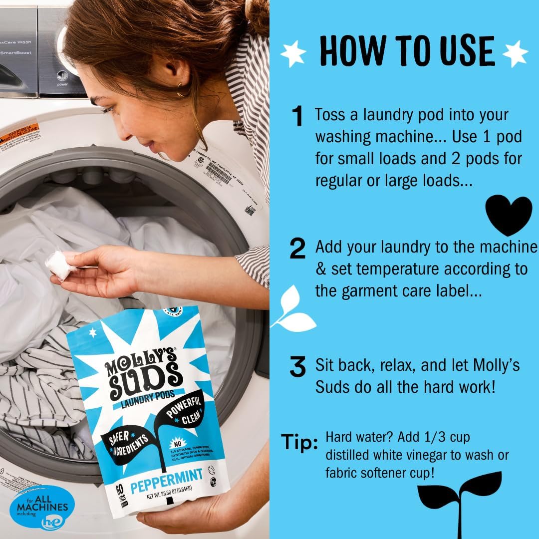 Molly's Suds Laundry Detergent Pods | Clean Detergent for Sensitive Skin | Ultra Concentrated and Stain Fighting | Peppermint - 120 Count (Value Pack)