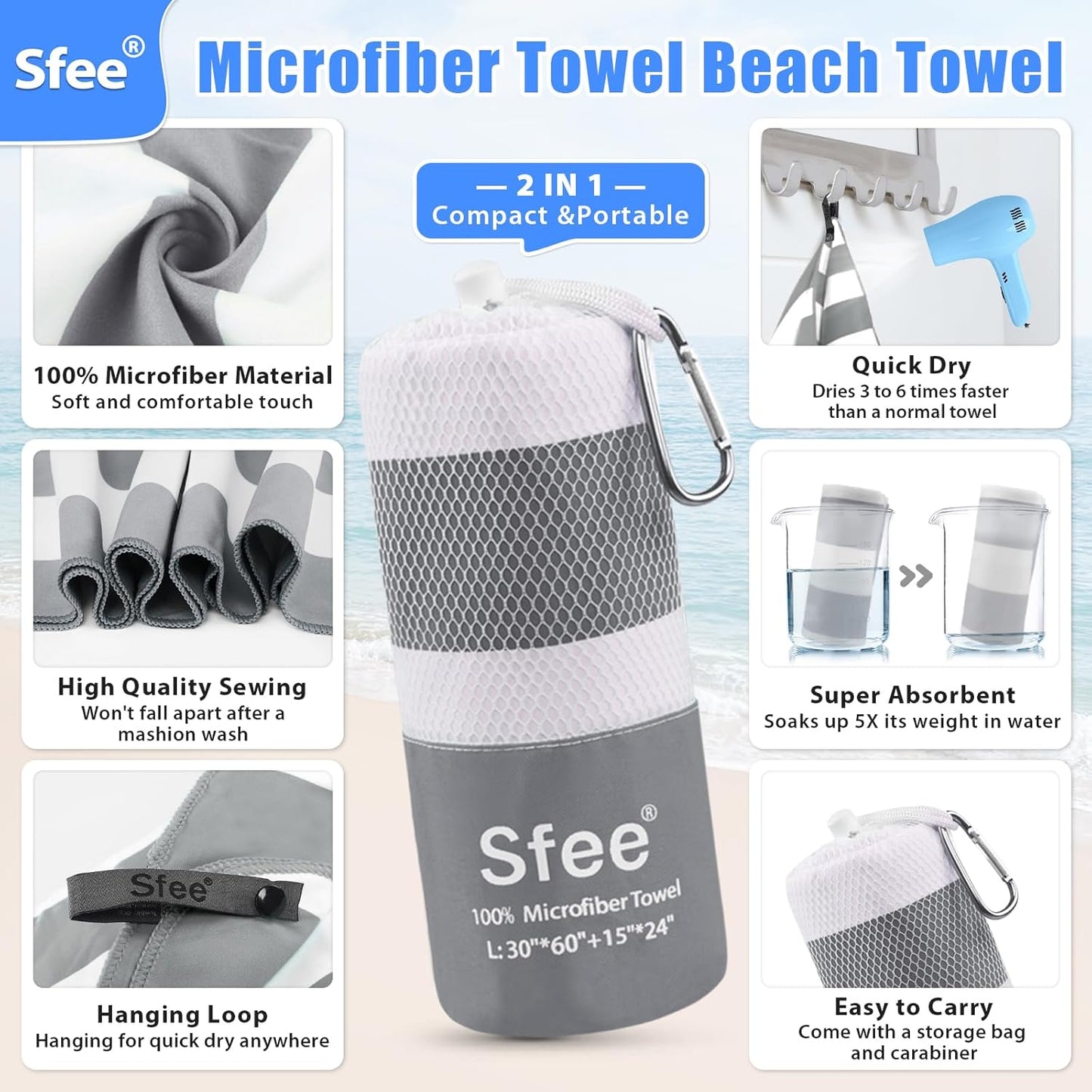 Sfee 2 in 1 Microfiber Beach Towel, Quick Dry Towel Camping Towel Travel Towel Super Absorbent Compact Lightweight Sports Gym Towels Set for Beach, Gym, Hiking, Pool, Backpacking, Bath, Yoga