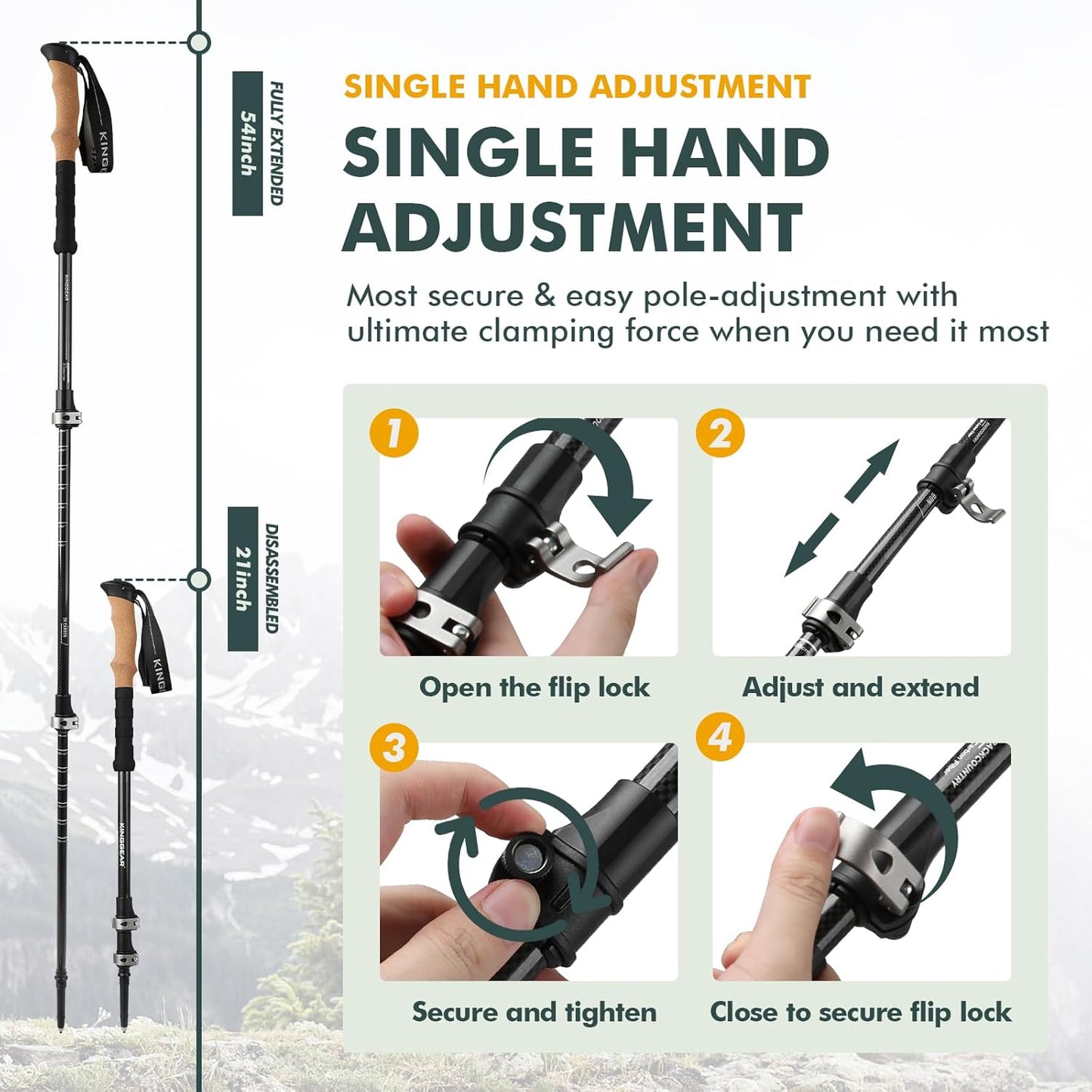 KINGGEAR TPC-3K 100% Carbon Fiber Trekking Poles for Hiking - Ultralight Collapsible Hiking Poles with Cork & EVA Foam Grips, Adjustable Metal Flip Locks, Tungsten Tips - Ideal Hiking