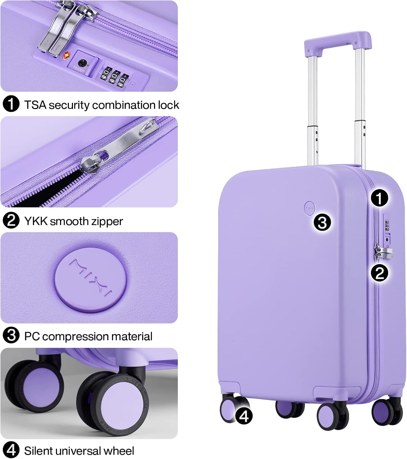 mixi Carry on Luggage, 20'' Suitcase Spinner Wheels Luggage Hardshell Lightweight Rolling Suitcases PC with Cover & TSA Lock for Business Travel, Lilac Purple