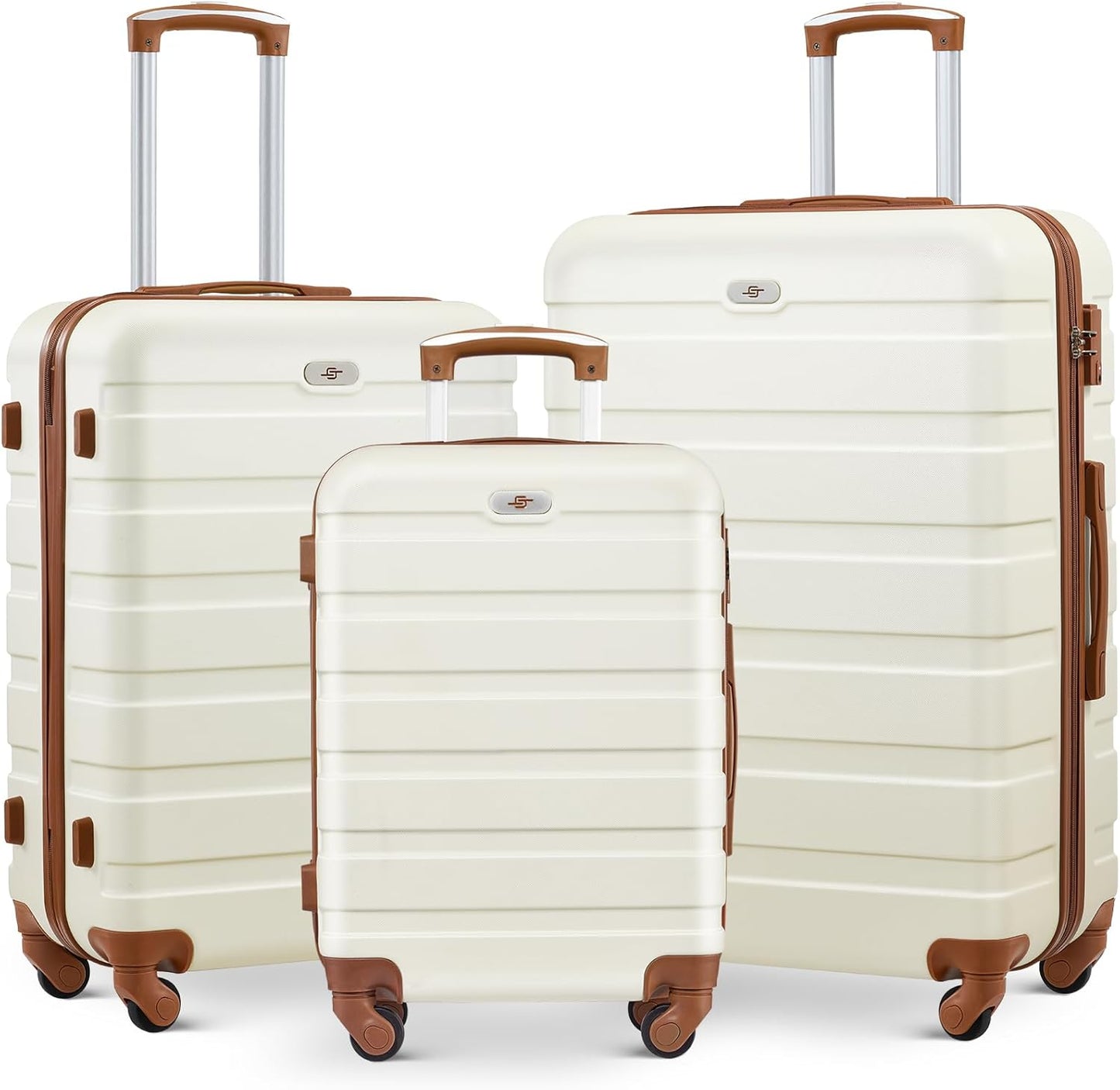 Suitour Luggage 3 Piece Sets Hard Shell Luggage Set with Spinner Wheels,TSA Lock,20 24 28 inch Travel Suitcase Sets (White Brown)