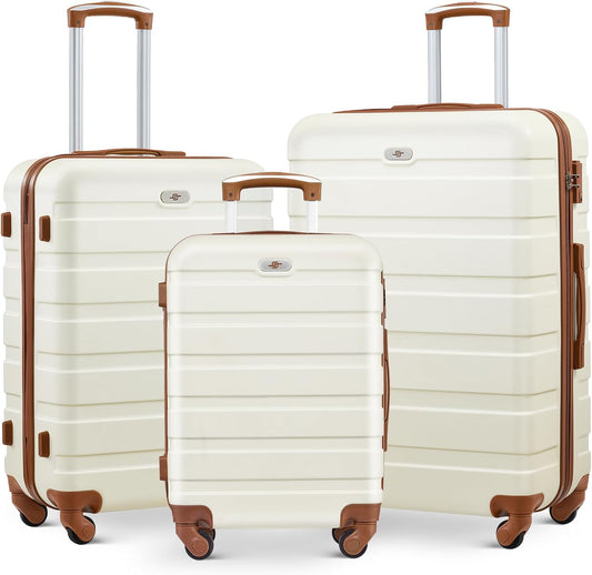 Suitour Luggage 3 Piece Sets Hard Shell Luggage Set with Spinner Wheels,TSA Lock,20 24 28 inch Travel Suitcase Sets (White Brown)