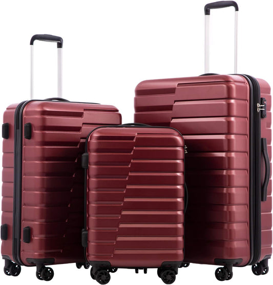 COOLIFE Expandable Suitcase PC ABS TSA Luggage Lock Spinner Carry on (wine red, 3 piece set)