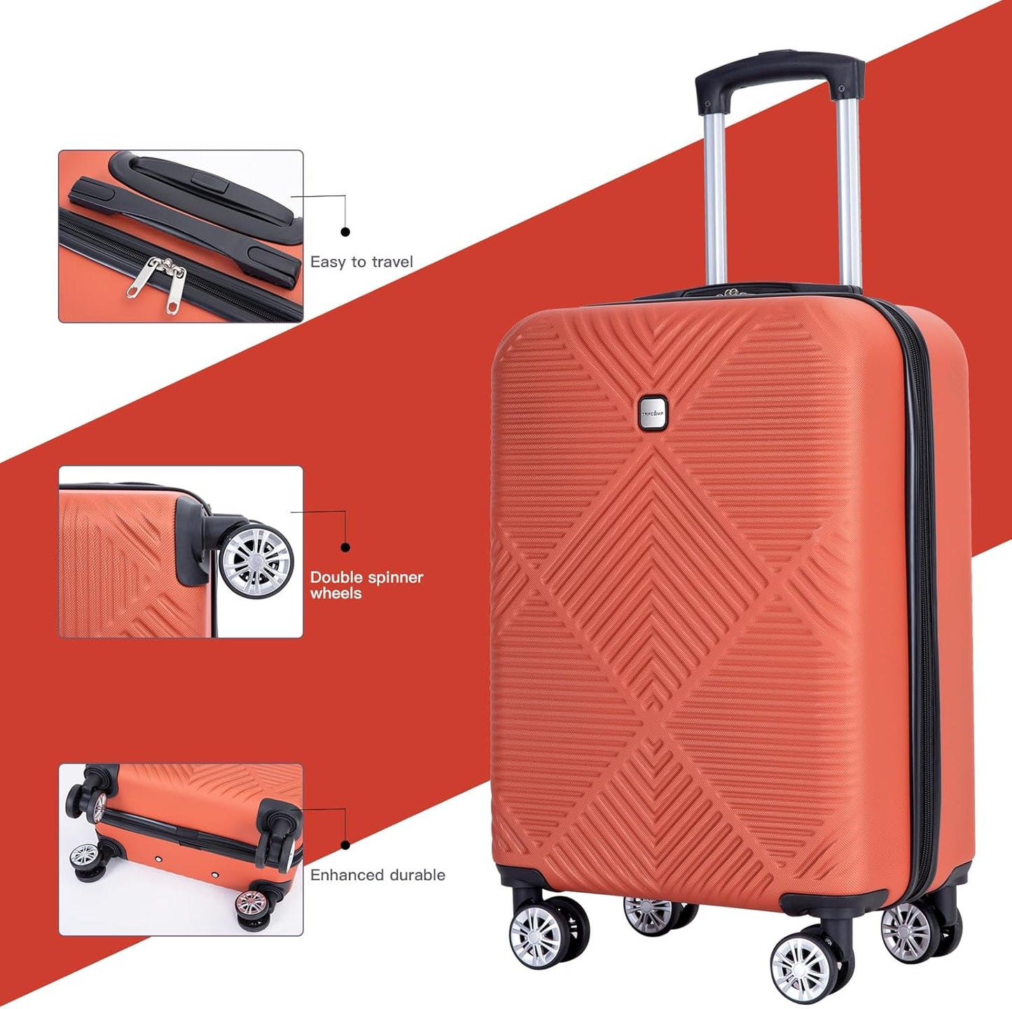 Luggage 4 Piece Set, Hardshell ABS Suitcase Set with Double Spinner Wheels, Lightweight Suitcase, Carry On and Checked Travel Luggage, Dark orange