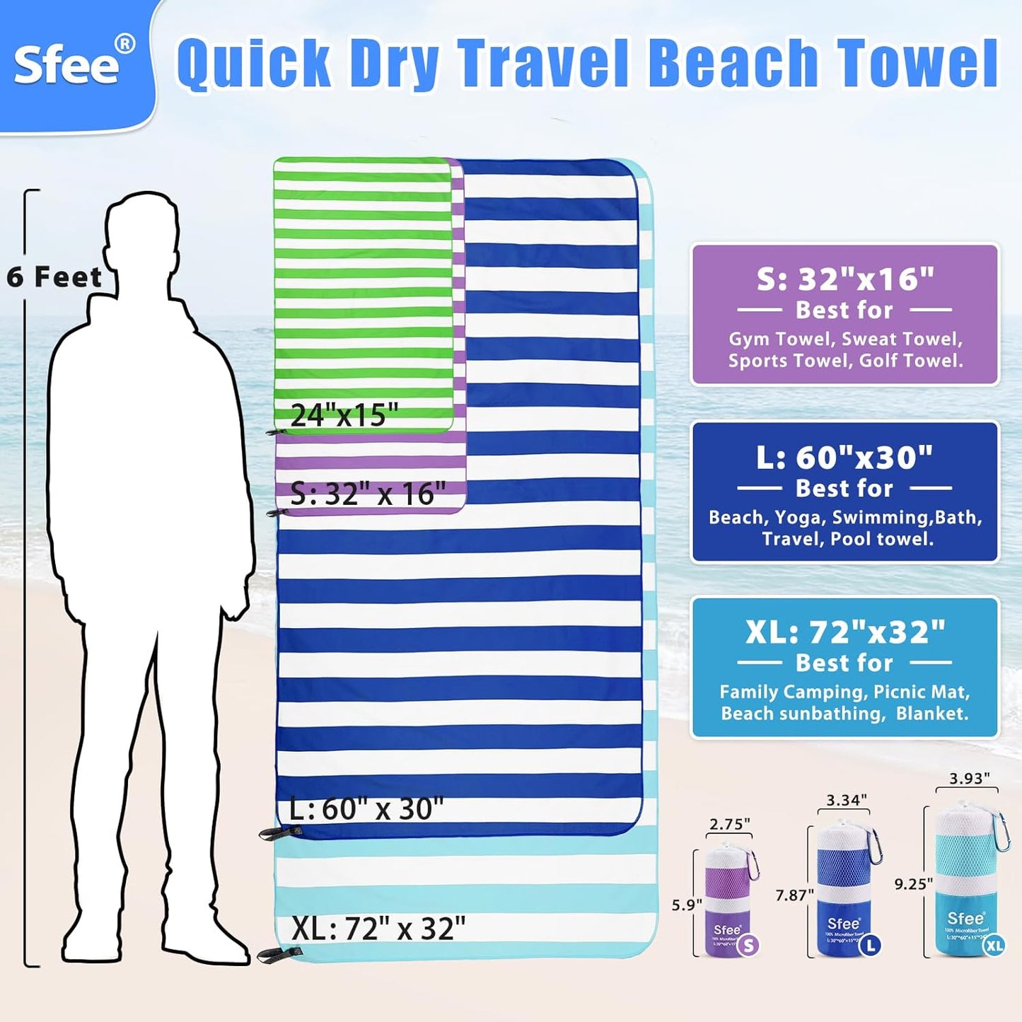 Sfee 4 Pack(8Pcs) Microfiber Travel Towel, Beach Towel Quick Dry Towel Camping Towel Super Absorbent Compact Lightweight Sports Towel Gym Towel Set for Beach, Gym, Hiking, Pool, Backpacking, Yoga