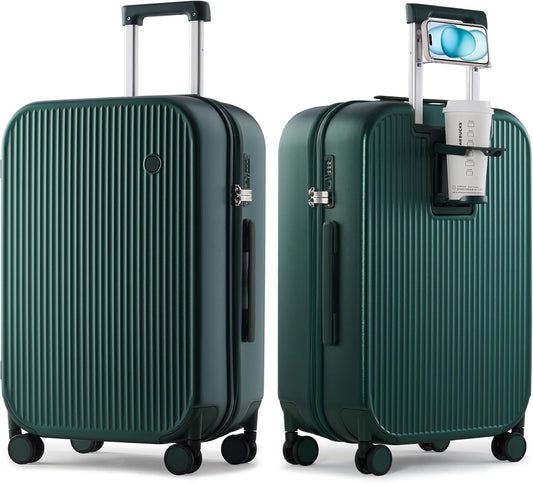 mixi Checked Luggage with Cup Phone Holder Hard Shell Rolling Travel Suitcases with Spinner Wheels,24 Inch Blackish Green