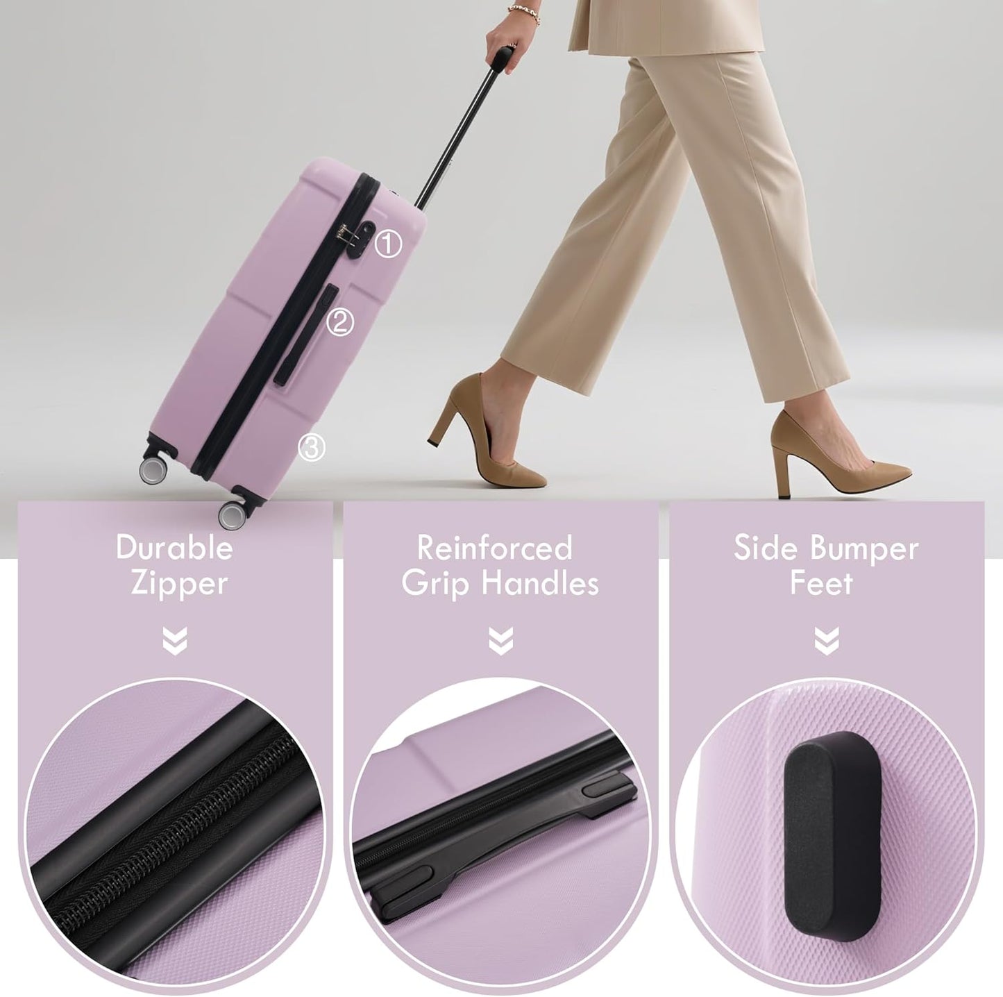 Merax Luggage Sets of 3 Piece Carry on Suitcase Airline Approved,Hardcase Suitcase Set with Double Spinner Wheels,Pink Purple