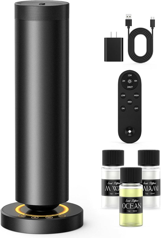 Waterless Diffuser with 90ML Essential Oils, Covers 1000 Sq Ft, Diffusers for Home Hotel, Adjustable Mist & Timer, Scent Diffuser Starter Kit with Night Light, Black