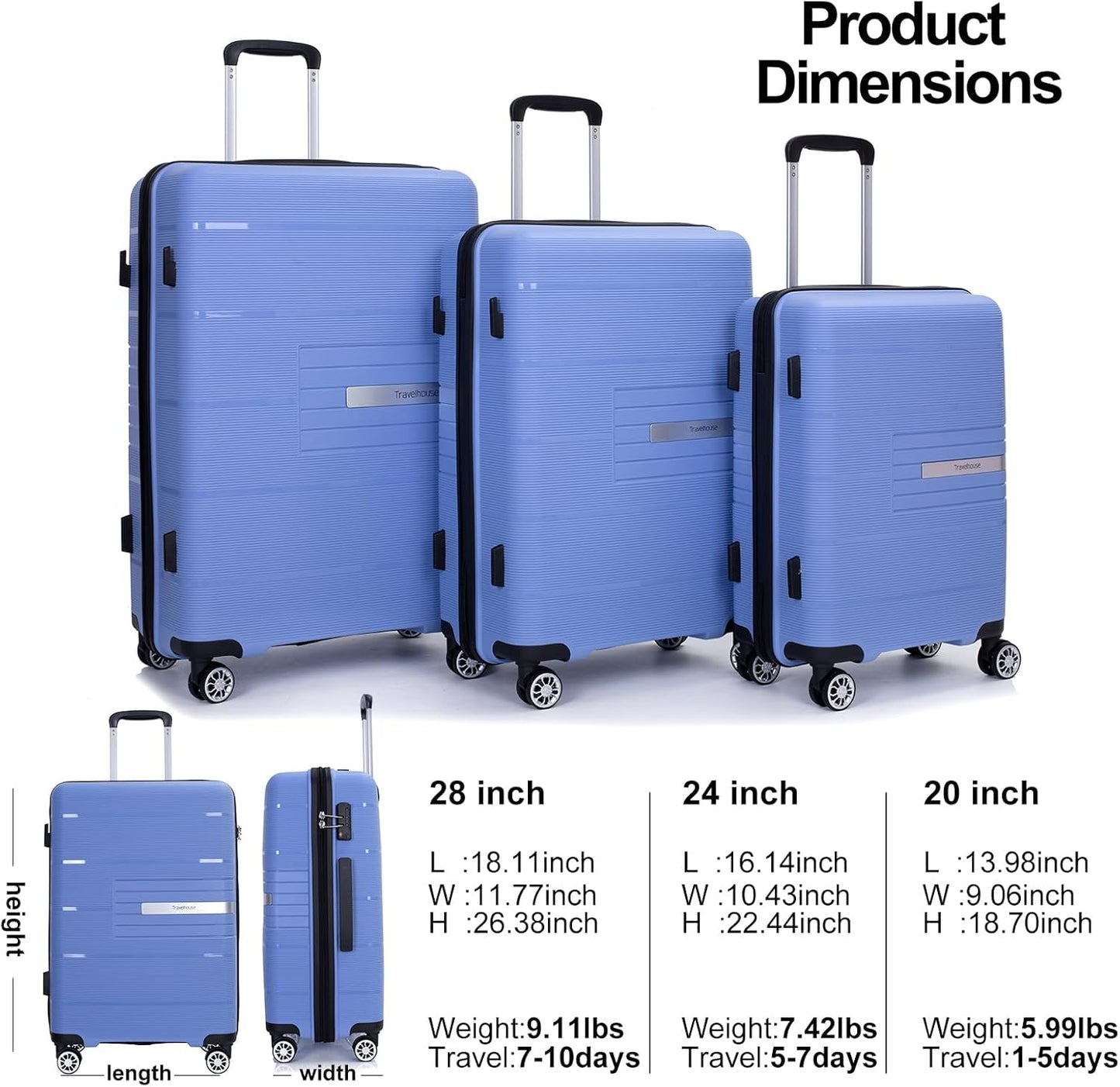 Luggage 3 Piece Sets Suitcase Set with Double Spinner Wheels, Lightweight Carry On Hardside Travel Luggage with TSA Lock, (20/24/28) (Purplish Blue)