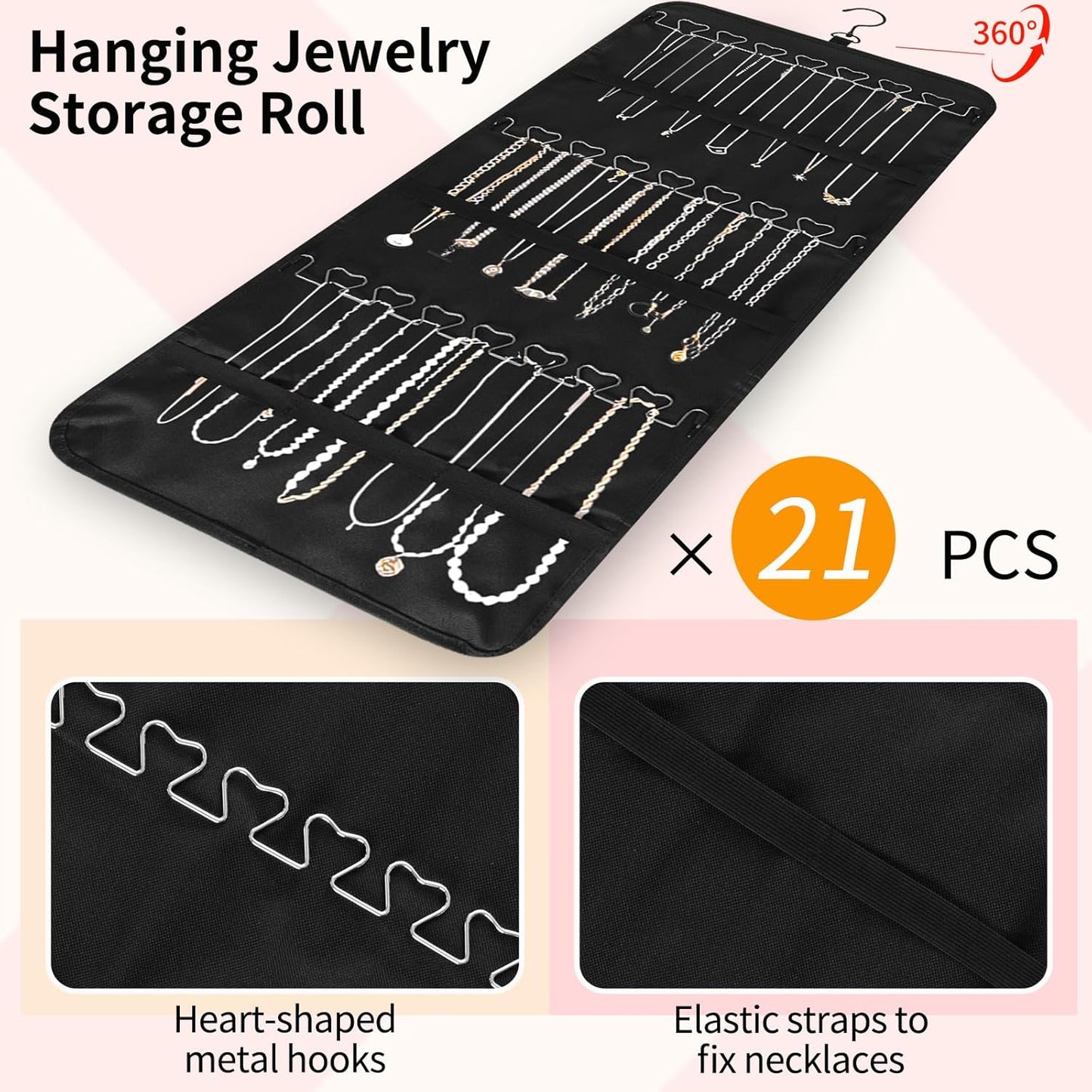 Bloss Hanging Jewelry Organizer with 48 Pockets, Double-Size Hanging Jewelry Holder with Hanger Hooks, Jewelry Organizers and Storage for Earrings, Necklaces and Rings.(All Black)