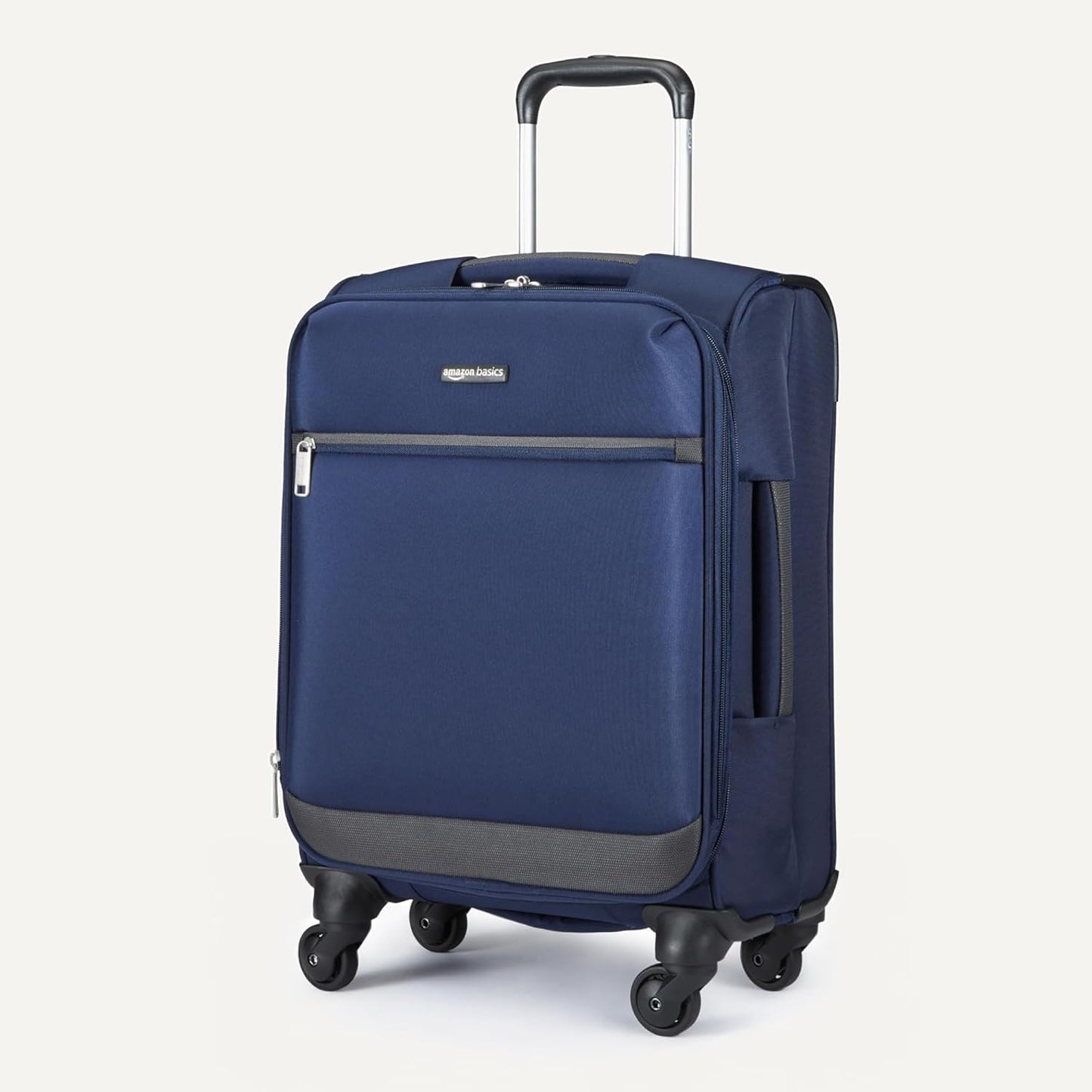 Amazon Basics Luggage, 18"Medium Carry-On Softside Suitcase With Wheels With Four 360-Degree Multi-directional Spinner Wheels Expandable Space Zippered Pocket and Straps Telescopic Handle Navy Blue
