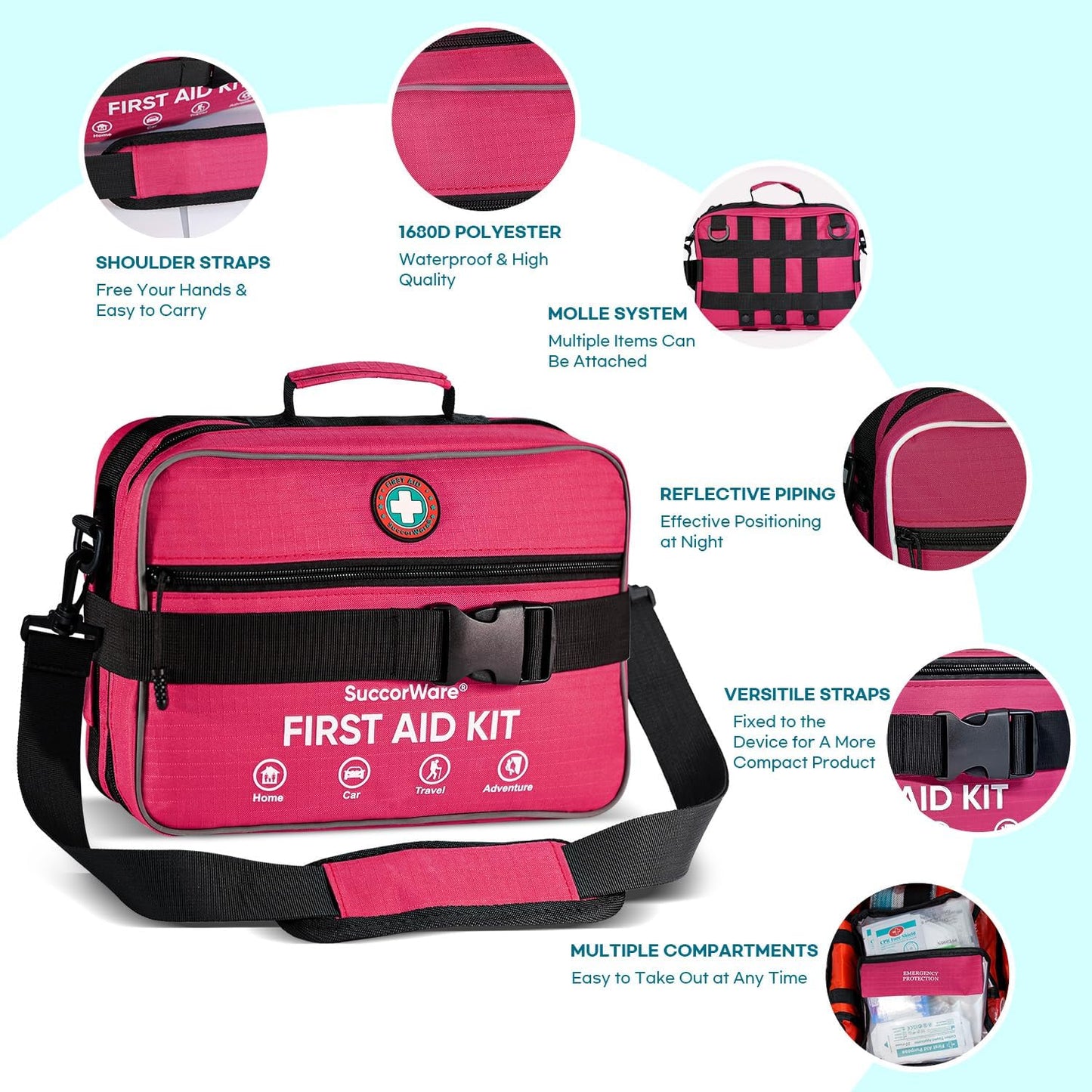 Professional 435 Pieces Large First Aid Kit - Includes Compressed Gauze - Compartments Emergency Medical Kit for Home, Camping, Backpacking, Travel, Boat, Car,Outdoors(Pink)