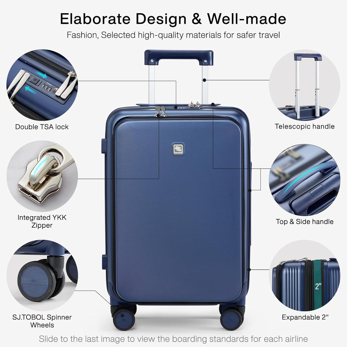 Hanke Grace Expandable Carry On Luggage with Wheels Airline Approved Hard Shell Suitcases with Front Pocket，Top Opening Luggage with TSA Lock for Short Business Travel, Dark Blue.