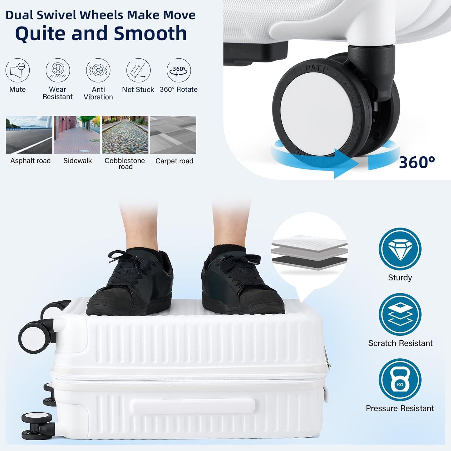 Hard Shell Suitcases Expandable Travel Luggage Sets 2 Piece, Carry on and Check in Luggage Lightweight Suitcase Set 2 Piece with Wheels Cup Holder Charger Built in (White, 20/28)