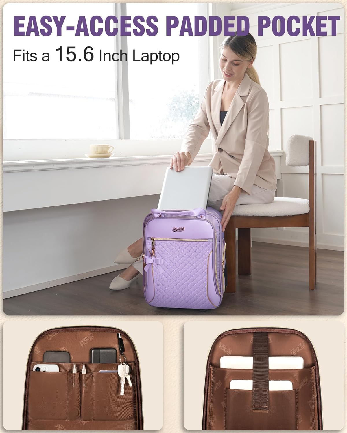 Underseat Carry On Luggage with Wheels, Airline Approved Personal Item Suitcase with Multiple Compartments, Lightweight Softside Under Seat Carry-on Suitcases for Women Travel Business, Purple