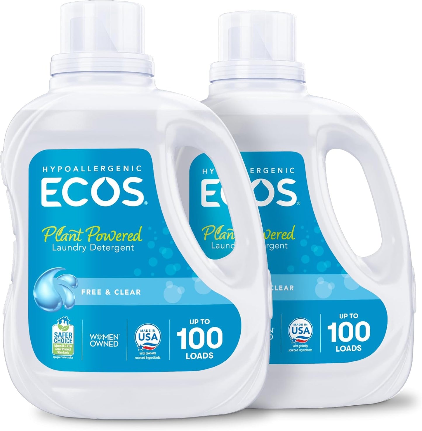 ECOS Laundry Detergent Liquid, 200 Loads - Dermatologist Tested Laundry Soap - Hypoallergenic, EPA Safer Choice Certified, Plant-Powered, Free & Clear, 100 Fl Oz (Pack of 2)