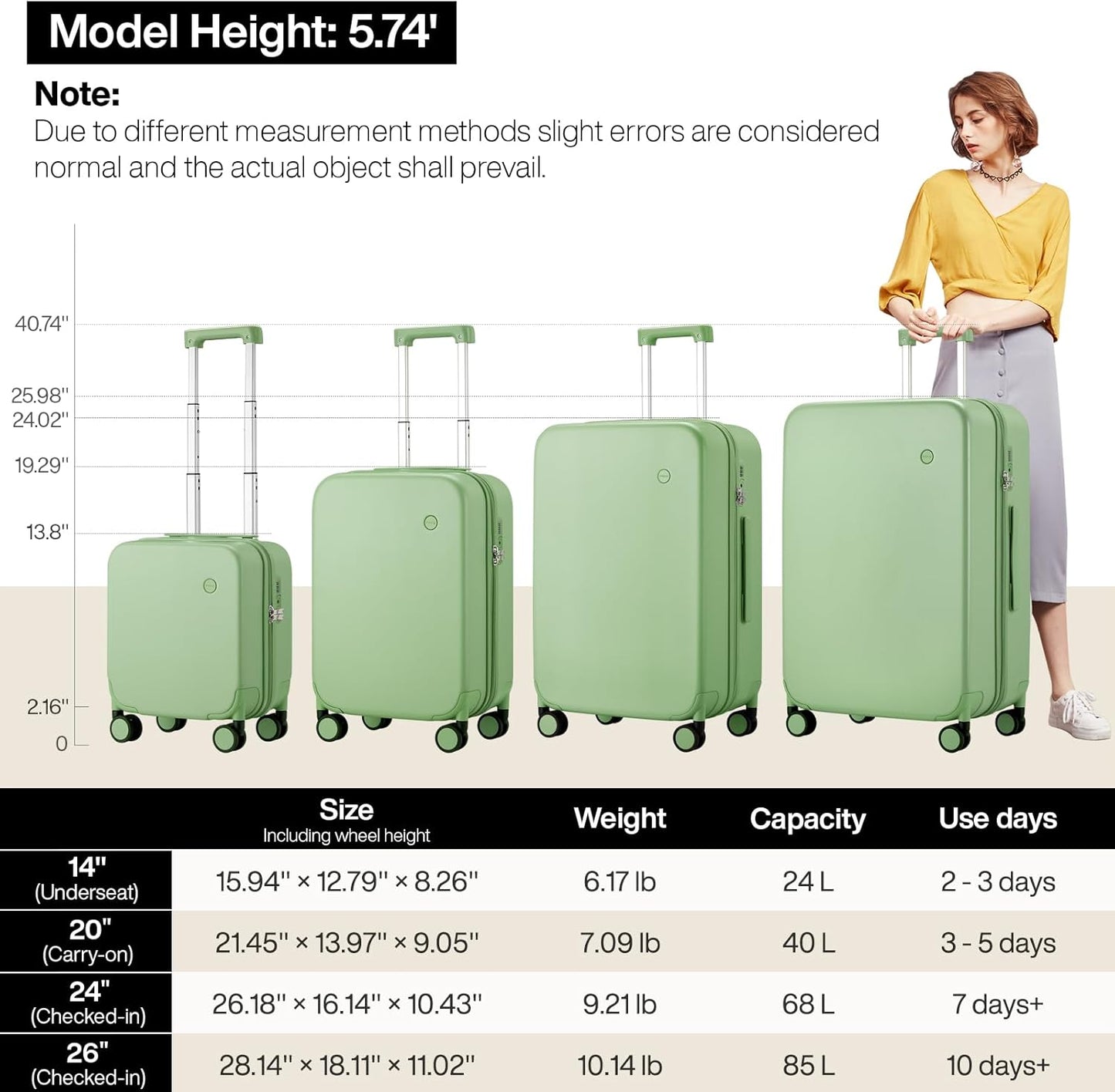 mixi Upgrade Luggage Suitcases with Spinner Wheels, Large Hardside Rolling Suitcase PC with TSA Lock Travel Case 26in Checked in, Fine Grid Avocado Green