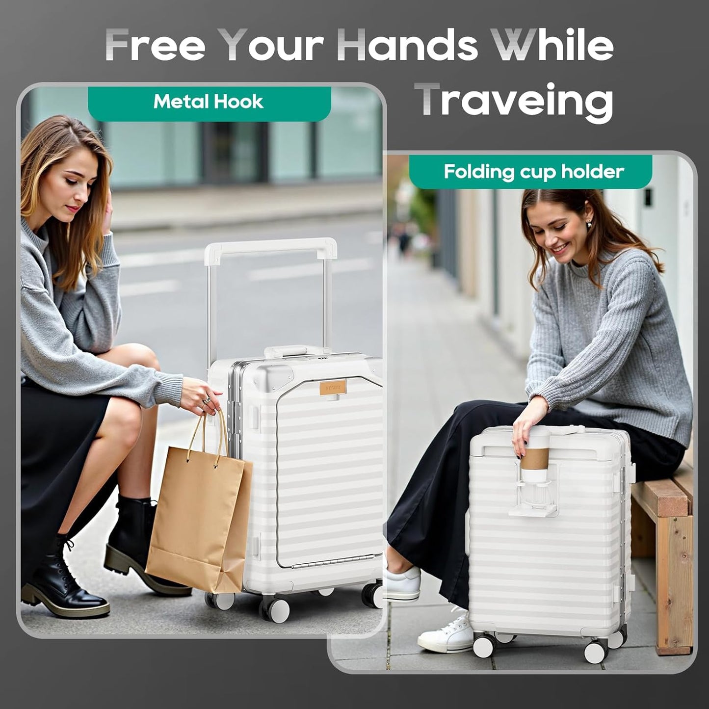 Joyway 20 Inch Carry on Luggage with Aluminium Frame and Front Pocket, PC Hardshell Suitcase with USB Port and Cup Holder, 21.5x14.2x9 Airline Approved, Luggage with Spinner Wheels and TSA Lock(White)