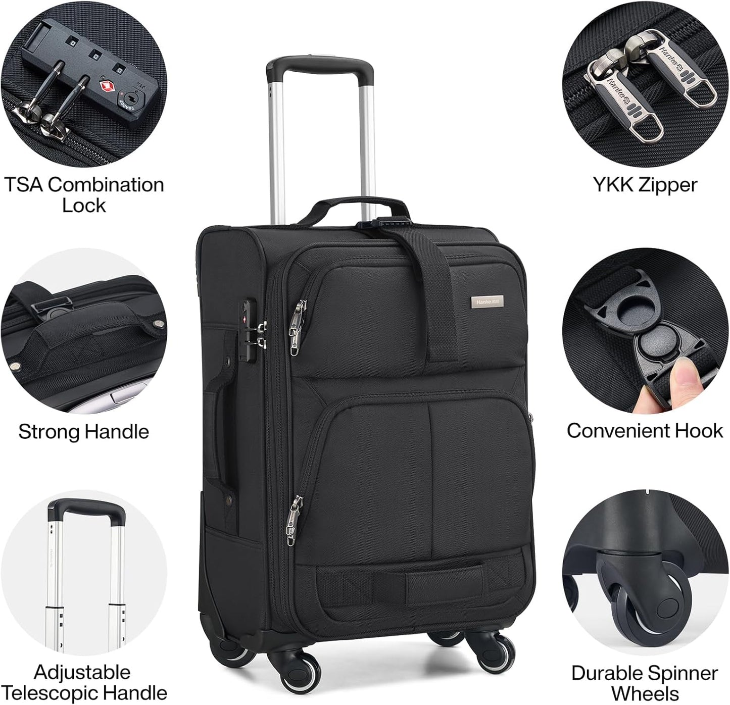 Hanke 20 Inch Softside Expandable Carry On Luggage with Spinner Wheels, Rolling Suitcase Travel Luggage with TSA Approved Luggage,Black