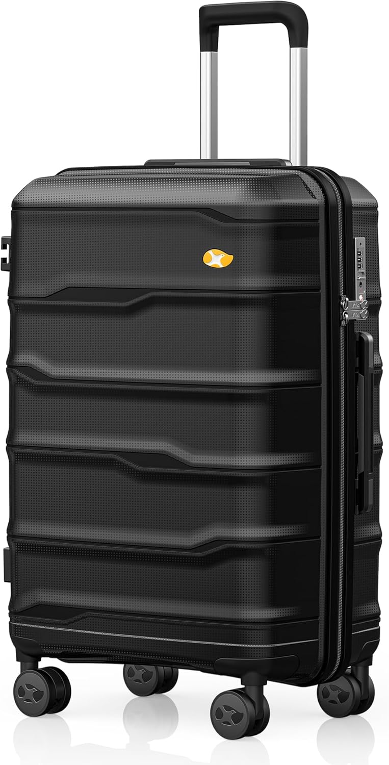 MGB Medium Checked In Luggage, PP Lightweight Hybrid Shell Suitcase with Spinner Wheels and TSA Lock, Medium Suitcase for Travel Women & Men, Natural Black