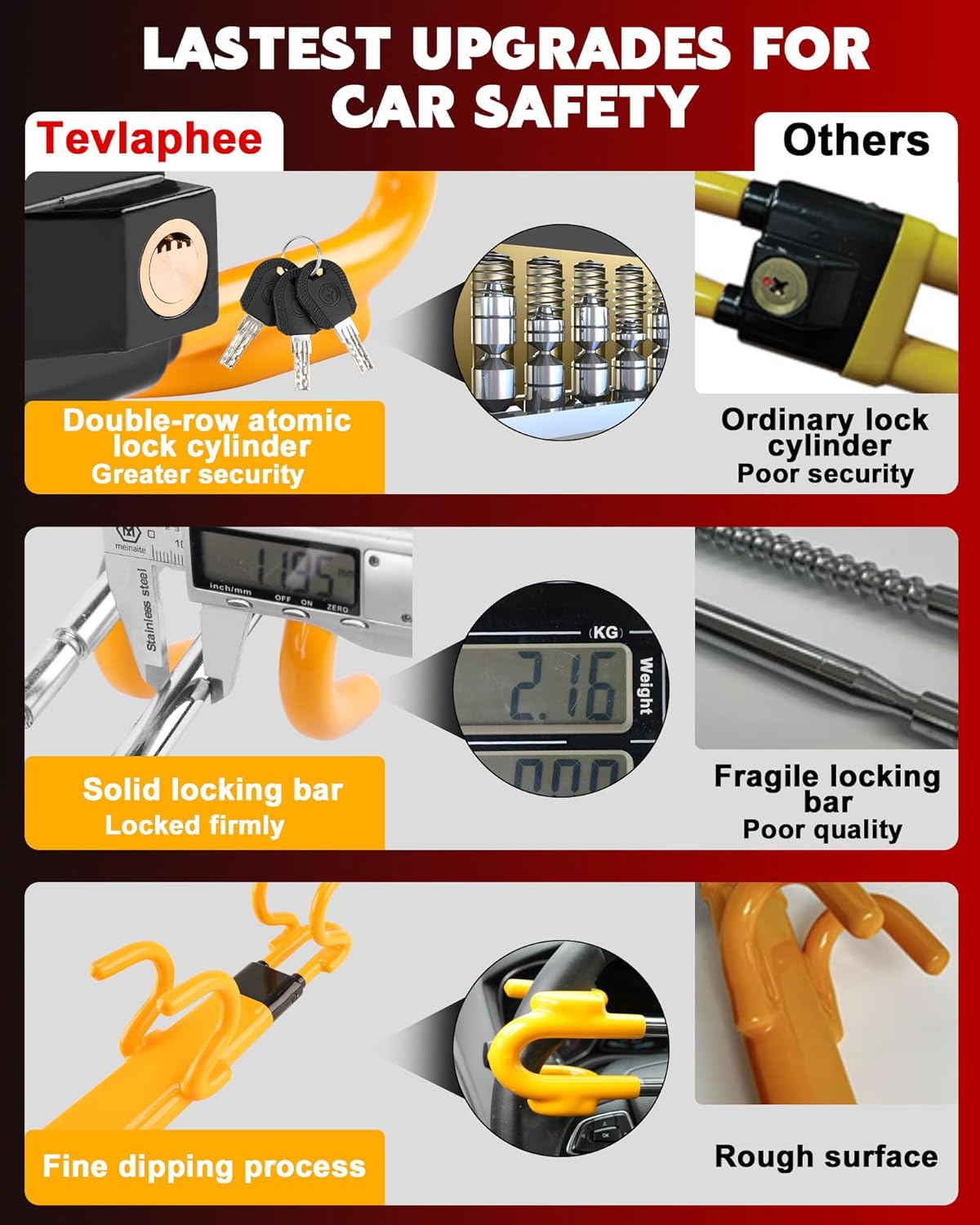 Tevlaphee Steering Wheel Lock - Heavy Duty Antitheft Device and Car Security Lock with Adjustable Locking and 3 Keys - Great Vehicle and Truck Deterrent (Yellow)