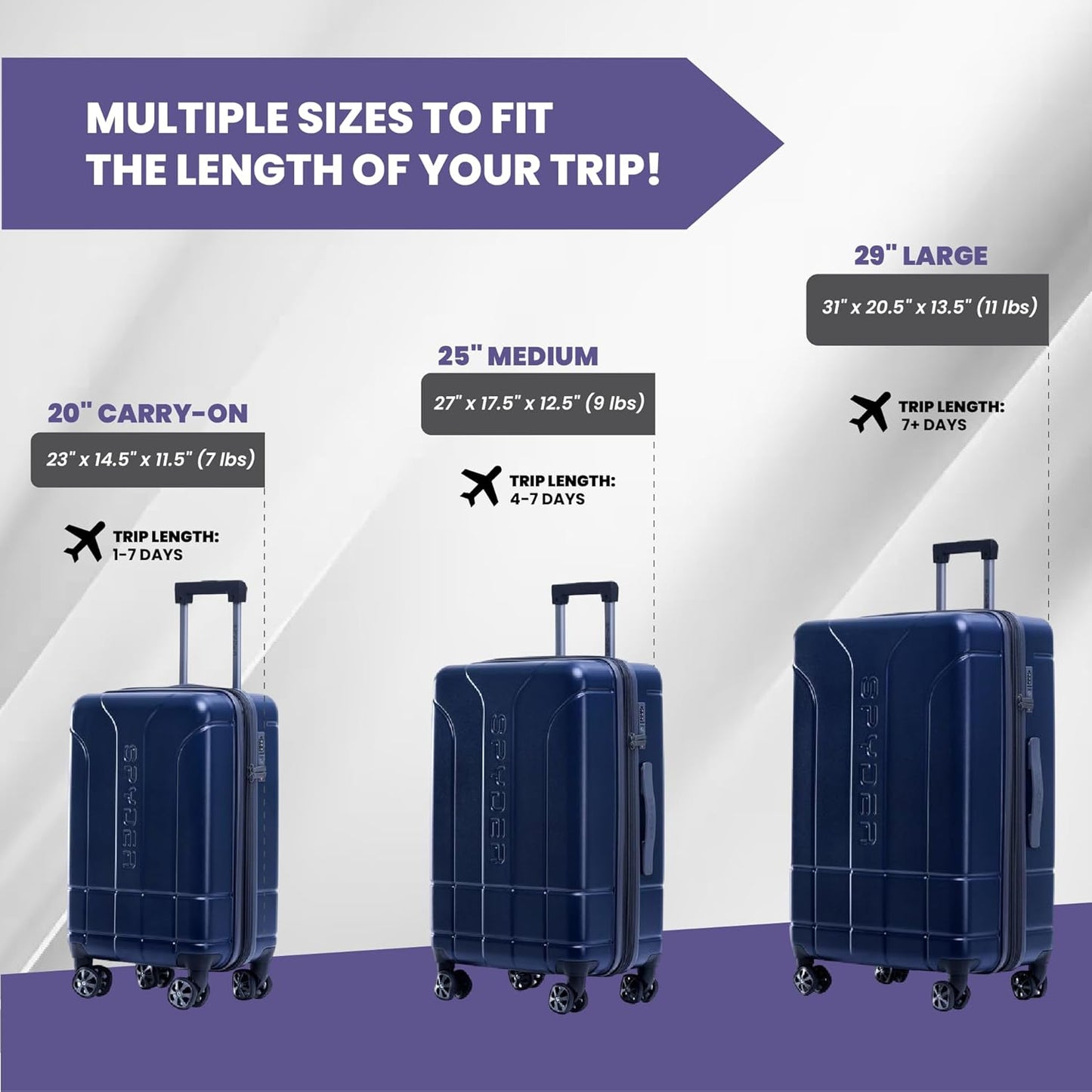 Spyder Carve 3 Piece Set with 360° Spinner Wheels, TSA Approved Lock, (20 Inch Carry On, 25 Inch Medium, 29 Inch Large) Navy