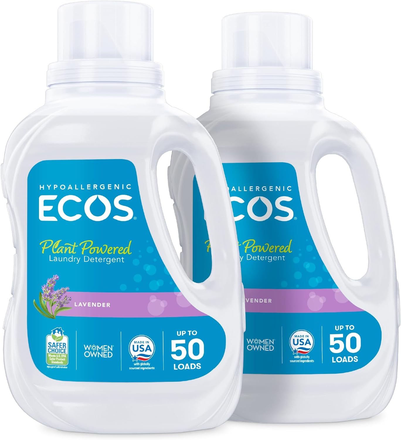 ECOS Laundry Detergent Liquid, 100 Loads - Dermatologist Tested Laundry Soap - Hypoallergenic, EPA Safer Choice Certified, Plant-Powered - Lavender, 50 Fl Oz (Pack of 2)