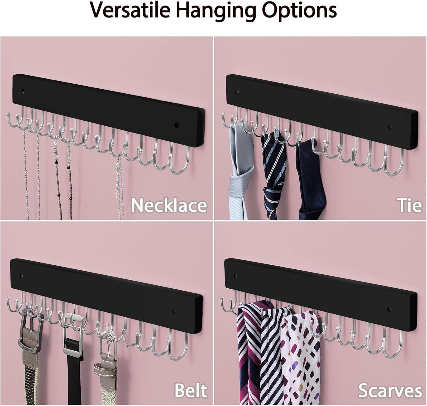 Wall Mounted Necklace Holder, Classic Style Necklace Holder, Tangle-Free Wall Jewelry Organizer with 28 Hooks(2 Packs,Black)