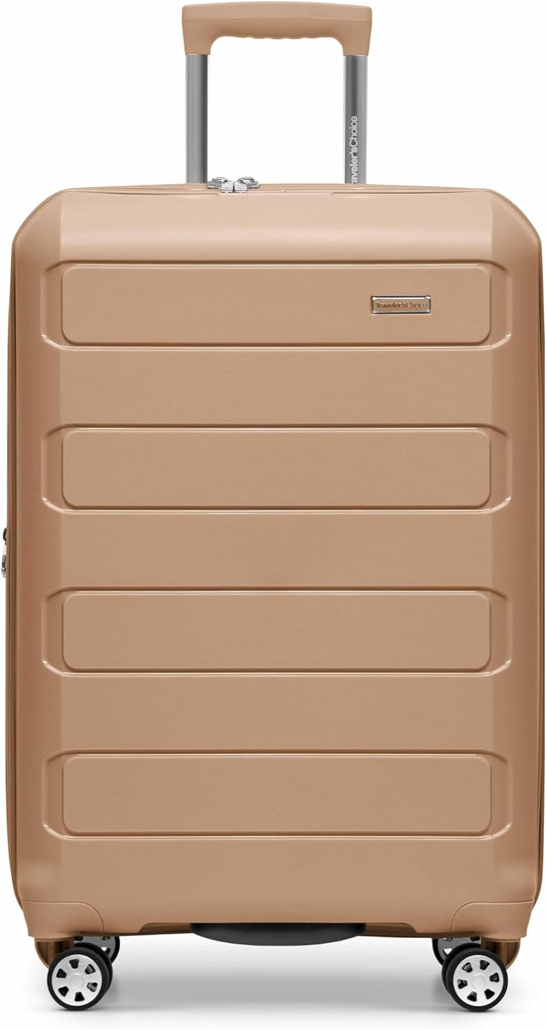 Traveler's Choice Pagosa Indestructible Hardshell Expandable Spinner Luggage, Latte Beige, 26-Inch Medium