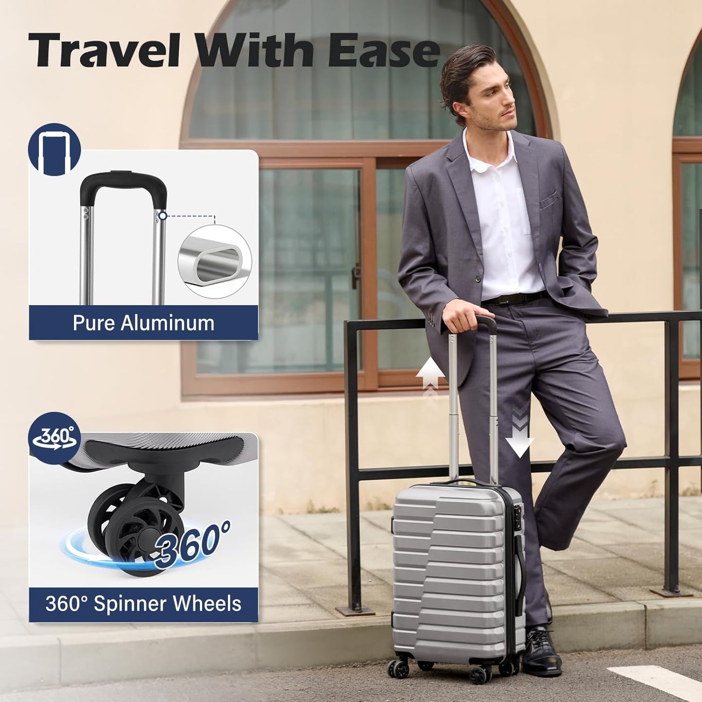 Coolife Carry On Luggage Airline Approved with Wheels Hard Shell Suitcase Spinner TSA Lock Telescopic Handle 20-inch,Silver