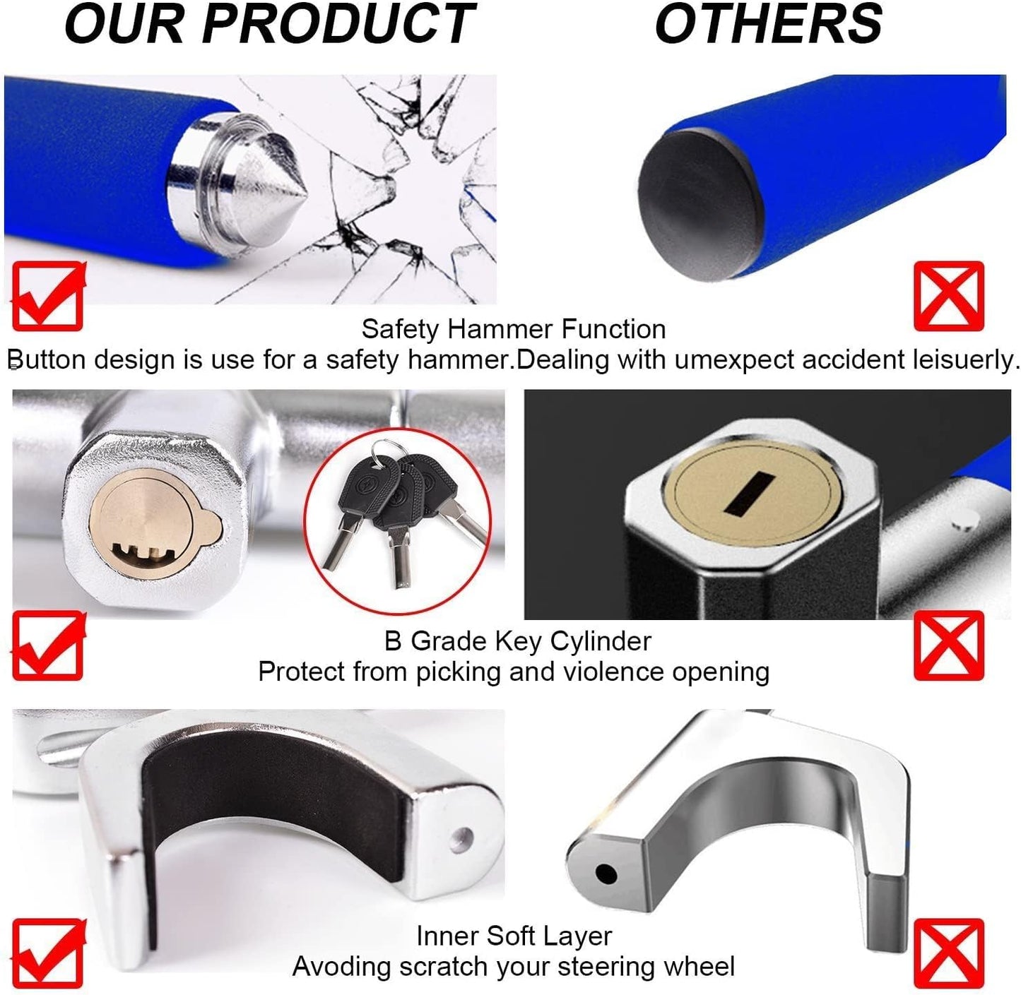 Tevlaphee Steering Wheel Lock Anti-Theft Car Device, Blue, Key Lock, Protects Against Prying, Sawing, Hammering, and Freon Attacks