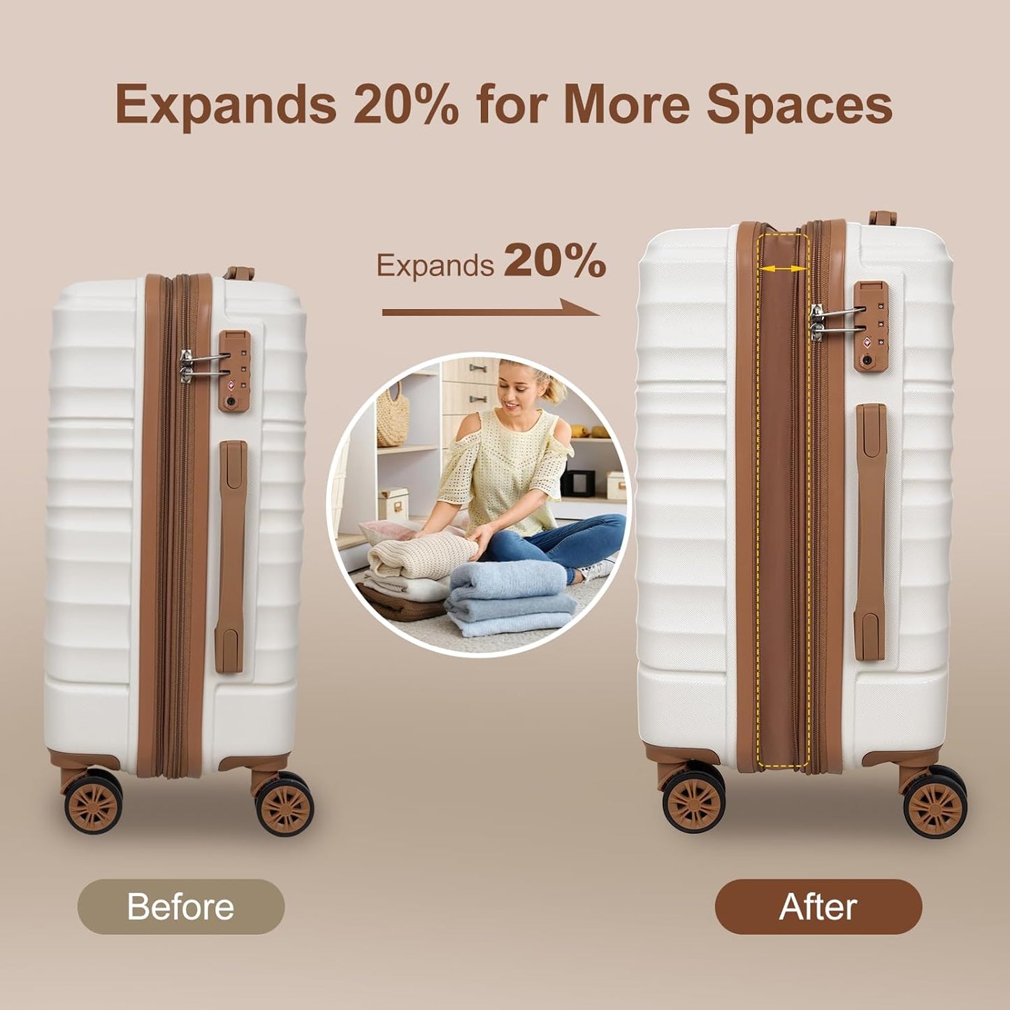 Romswi Expandable 28" Checked Luggage,Large Hardshell Suitcase with Double Spinner Wheels for 20% More Space, Airline Approved Lightweight Hardside Luggage, Scratch-Resistant & YKK Zipper,White