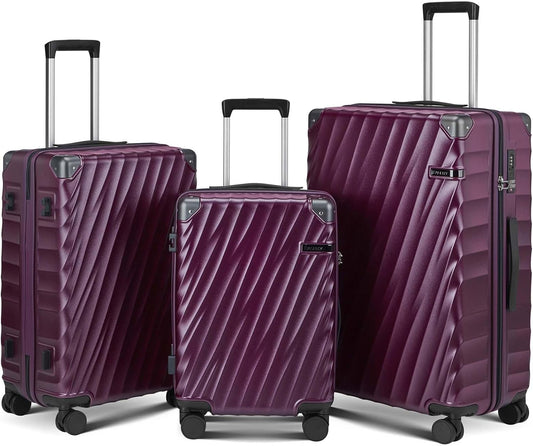 Luggage sets 3 piece with Spinner Wheels, PC Hard Shell Travel Luggage, Carry On suitcase with TSA Lock,YKK Zippers,Charcoal Metallic (Purple, 3 Piece Sets(20/24/28))