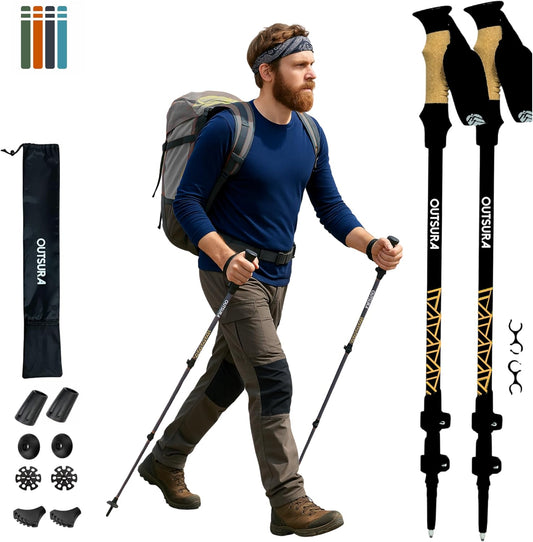Outsura Trekking Poles for Hiking Collapsible Lightweight Aircraft Graded Aluminum Hiking Poles with Cork Grip & Quick Lock, Pair of 2 Walking Sticks for Seniors Trail & Backpacking