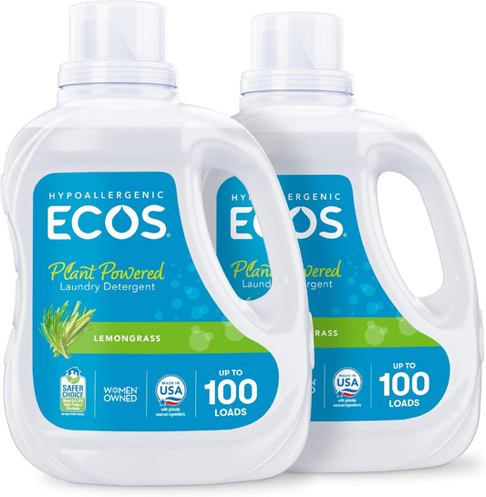 ECOS Laundry Detergent Liquid, 200 Loads - Dermatologist Tested Laundry Soap - Hypoallergenic, EPA Safer Choice Certified, Plant-Powered - Lemongrass, 100 Fl Oz (Pack of 2)