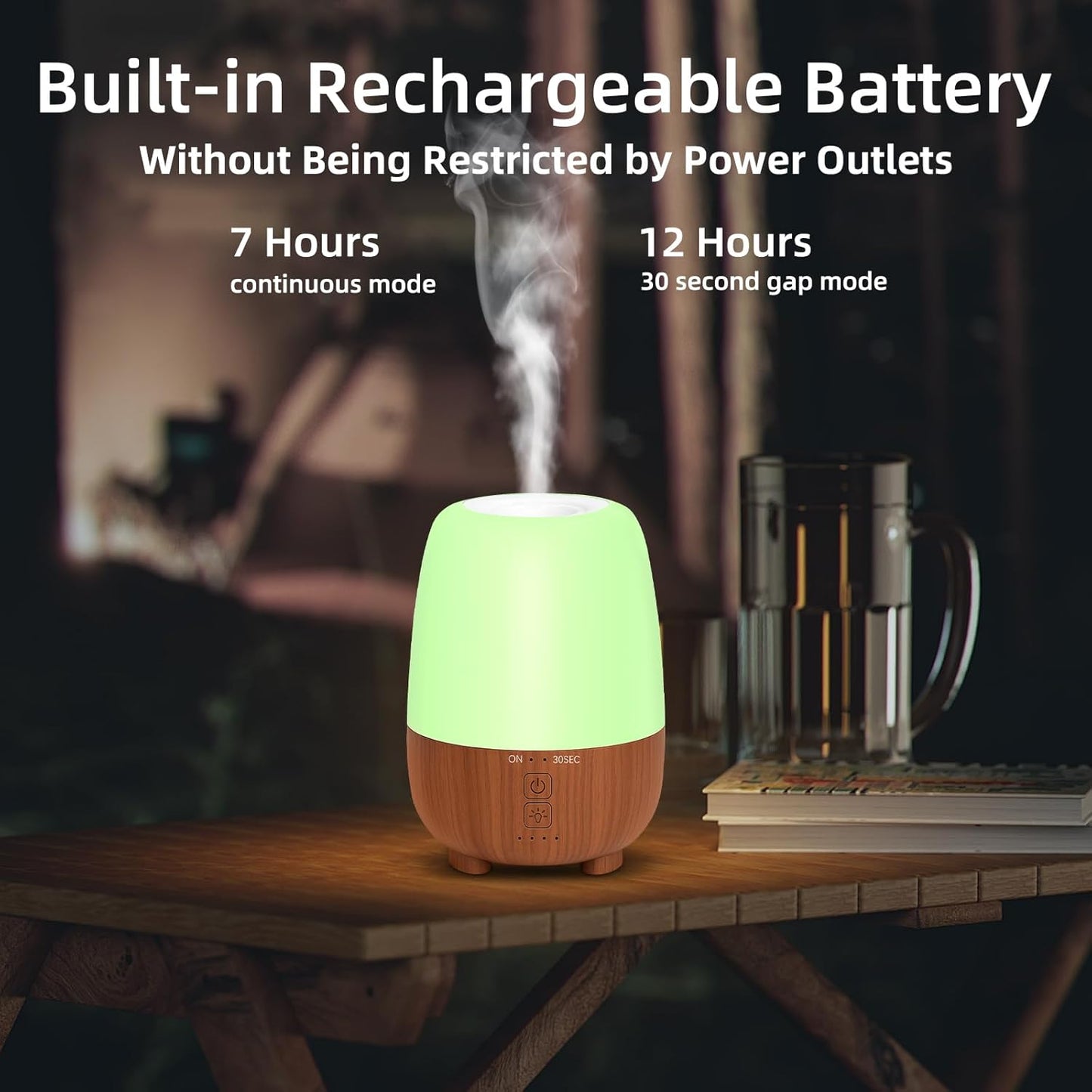 Rechargeable Battery Essential Oil Diffuser 150ML, Portable Cordless Aromatherapy Diffuser, 7-Color LED Light, 7 Hours Run Time, Quiet Design, Safe Auto Shut-Off, for Office, Home, Outdoor