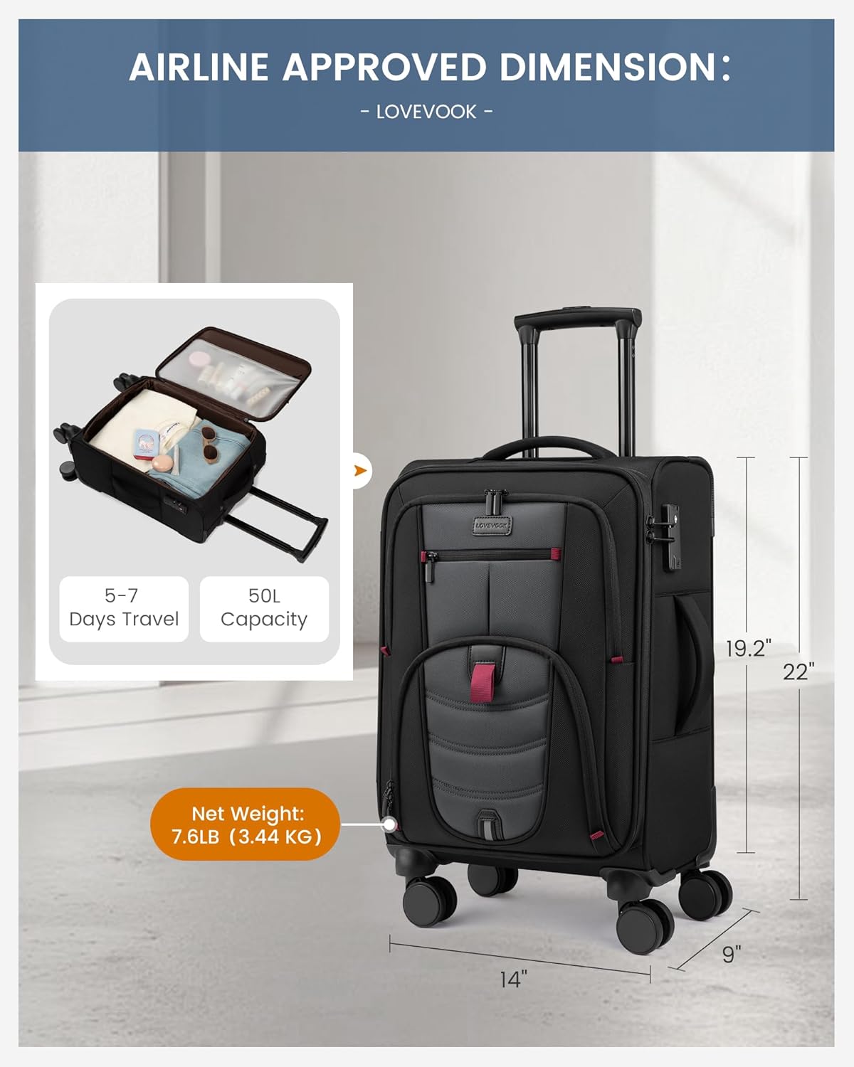 Carry On Luggage 22x14x9 Airline Approved, 22-Inch Suitcases with Spinner Wheels, Softside Carry-on Luggage with TSA Lock for Men Women Business Trip, Lightweight Large Capacity Luggage for Travel