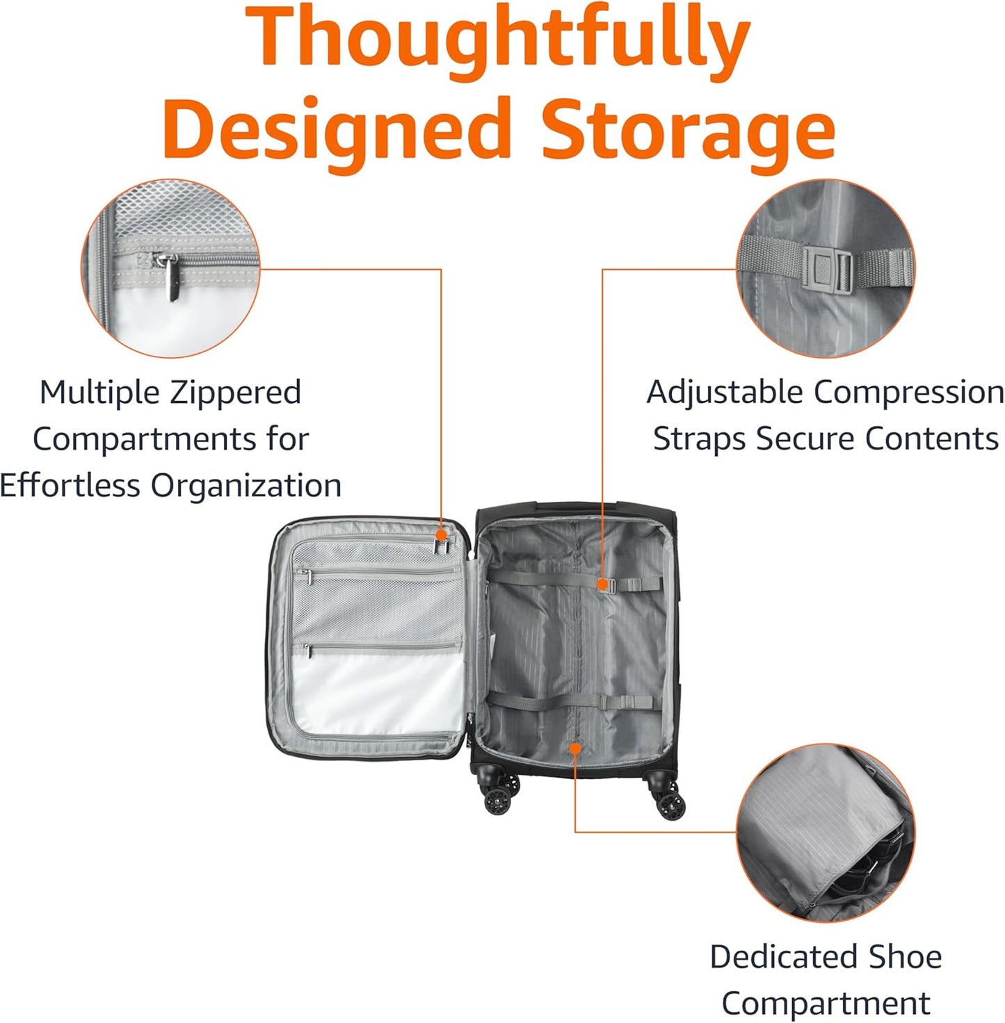 Amazon Basics 17" Carry On Luggage, Softside Suitcase With TSA Lock, 8 Spinner Wheels, Front Exterior Pocket, 3 Interior Pockets For Dry and Damp Clothes/Towels Separately, Black