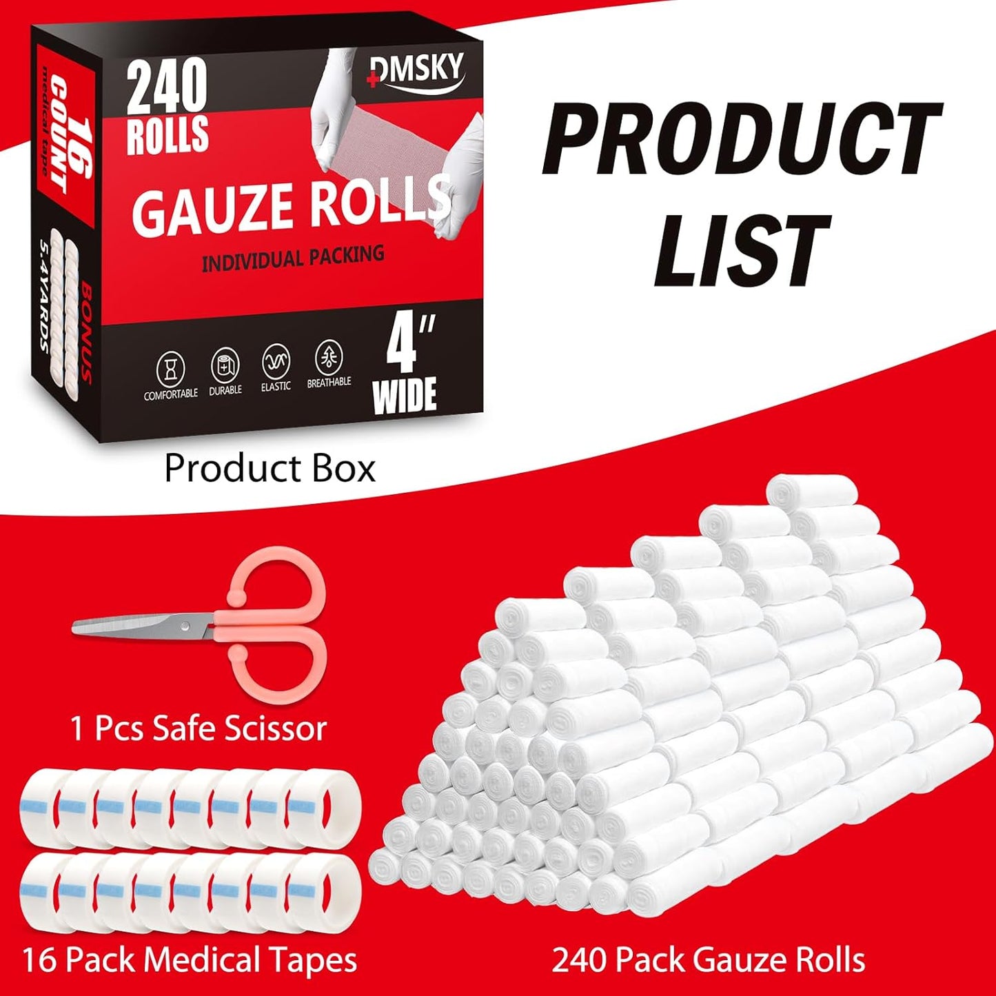 DMSKY 240 Pack Gauze Rolls, 4 in x 4.1 Yards, Individually Wrapped Breathable Rolled Gauze, Premium Bandage Wrap Rolled Gauzes, Mummy Wraps
