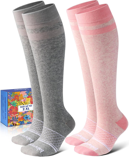 Cotton Compression Socks for Women Men - 2 Pairs 20-30mmHg Circulation Grid Arch Support Socks, Breathable
