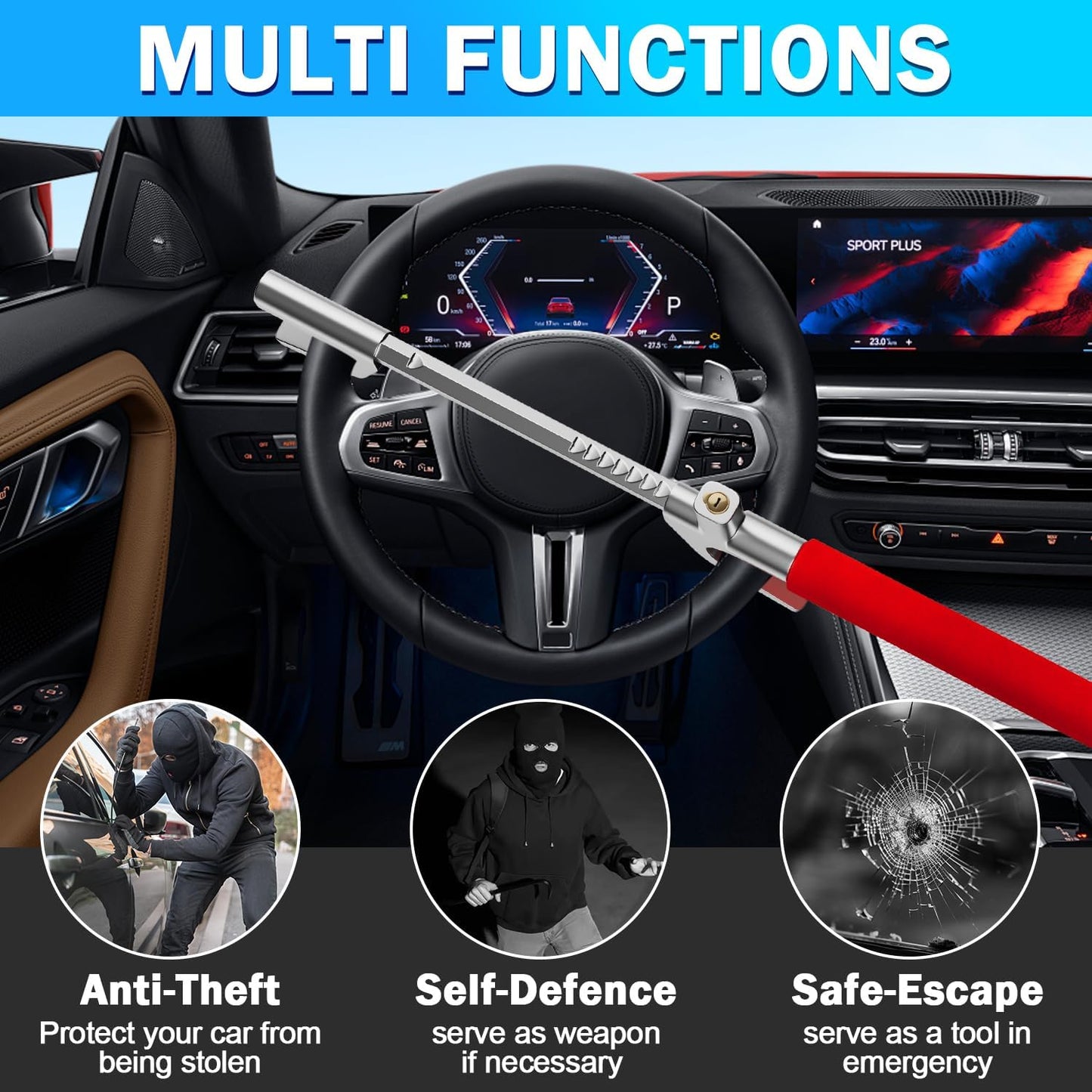 MONOJOY Steering Wheel Lock - Adjustable Antitheft Car Device Locks, Universal Volante Prevention Accessory, with 3 Keys and Escape Hammer for Truck SUV Van Security, Vehicle Immobilizer System