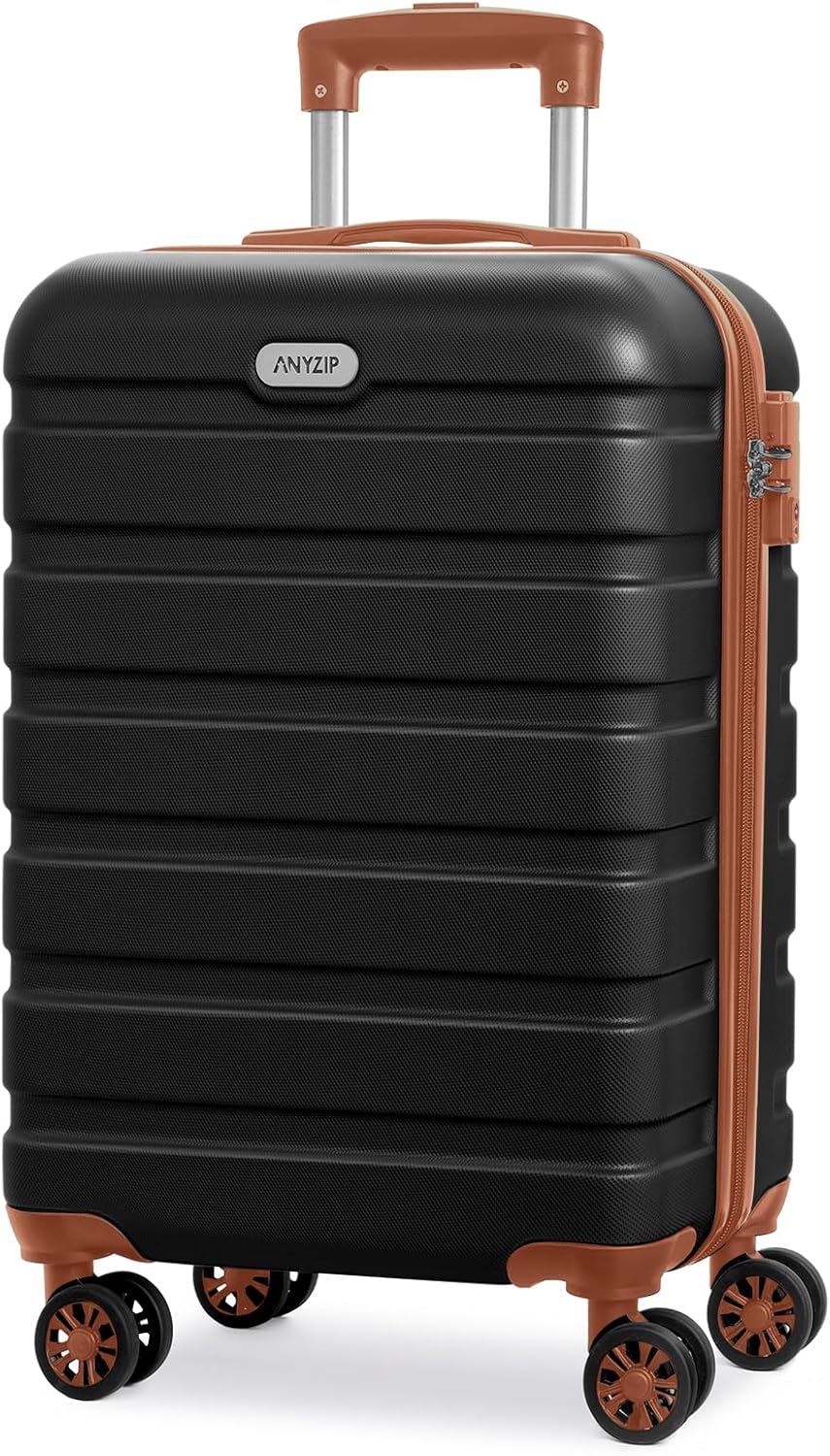 AnyZip Luggage PC ABS Hardside Lightweight Suitcase with 4 Universal Wheels TSA Lock Carry-On 20 Inch Black Brown