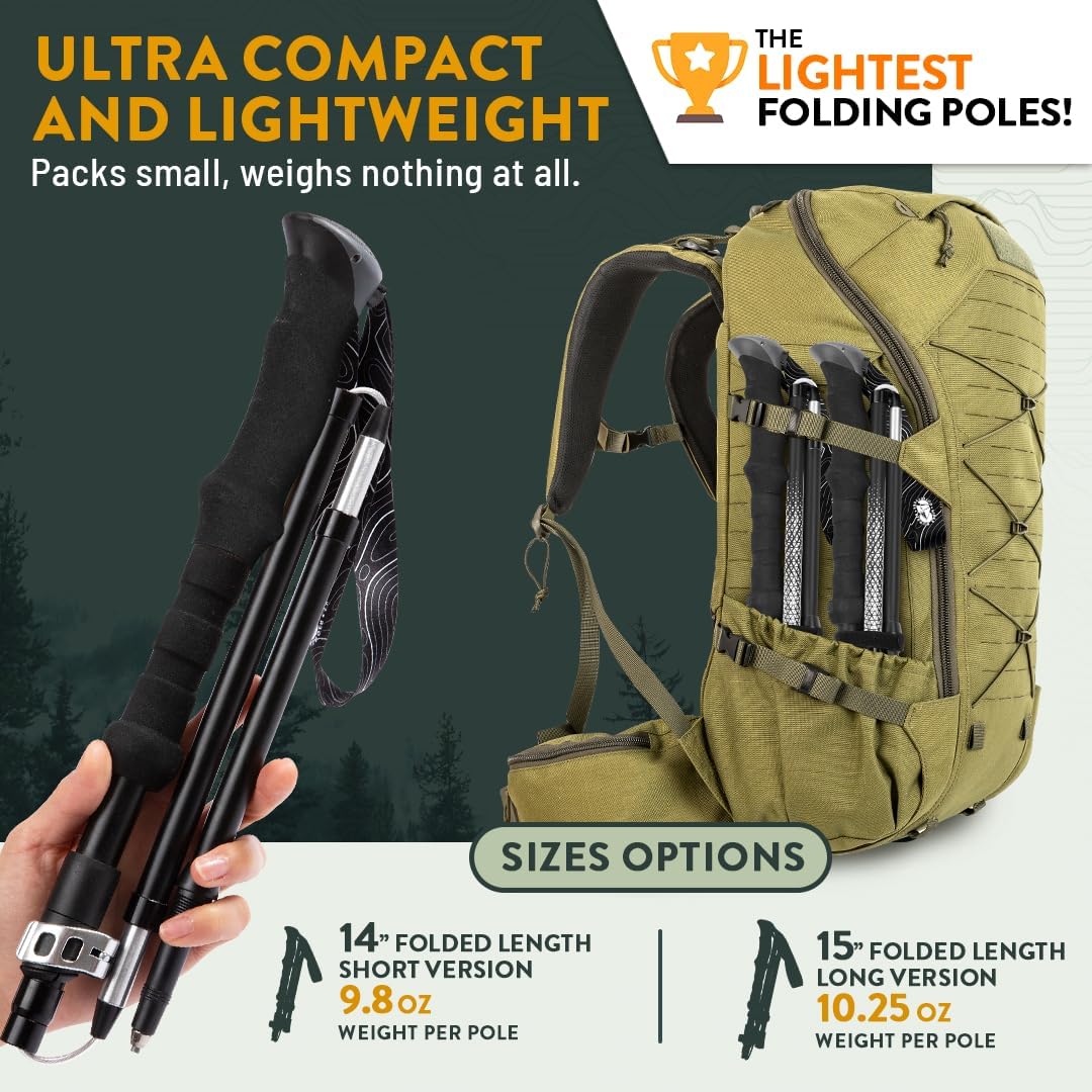 Premium Foldable Hiking Poles by USA Brand - Adjustable, Lightweight Trekking Poles Made of Aircraft Aluminum, Metal Flip Locks & Comfortable Real Cork and EVA Foam Grips