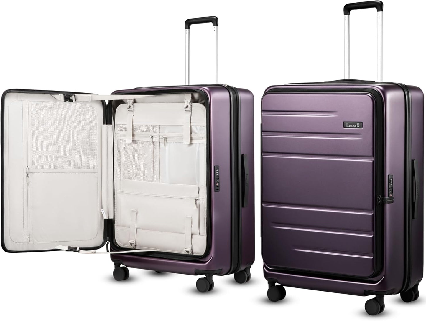 LUGGEX Checked Suitcase with Spinner Wheels, FLO5 Expandable Polycarbonate Hard Shell Suitcase with TSA Approved Lock (FX-Core, Purple, 28 Inch)