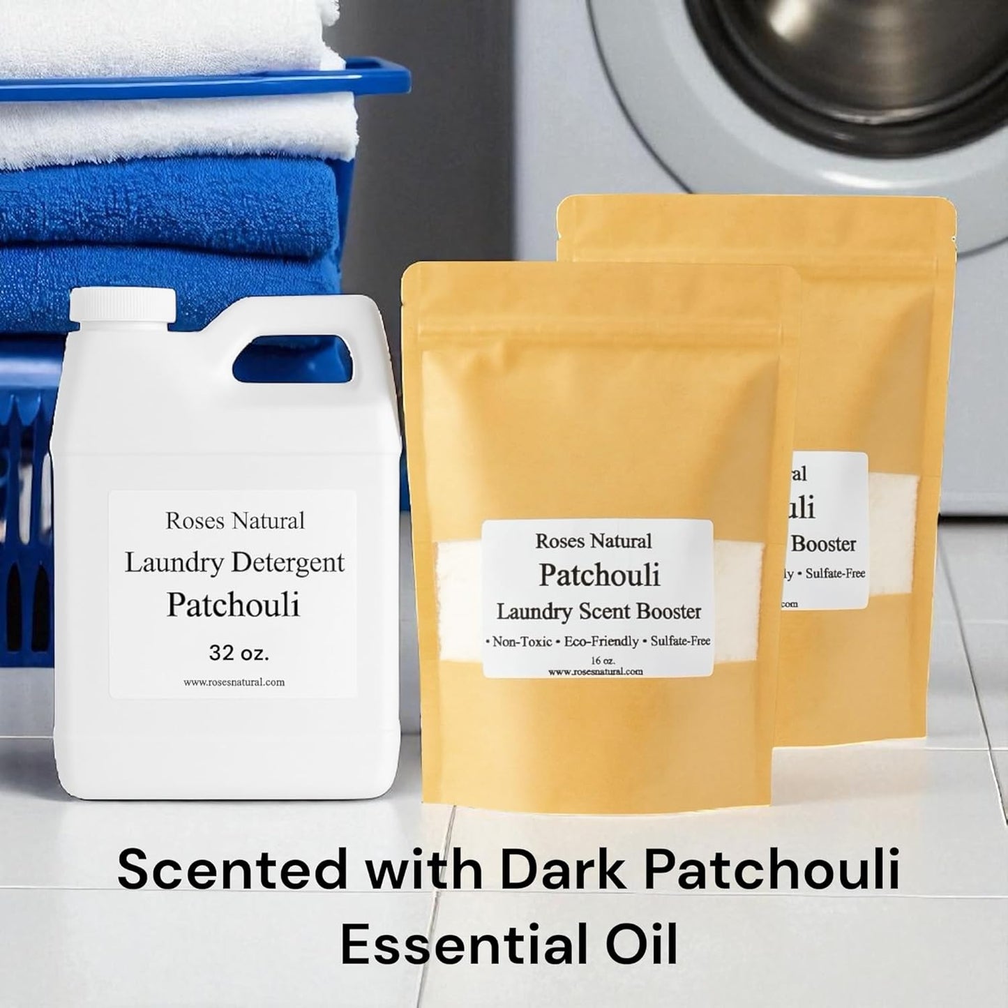 Patchouli Laundry Detergent & Scent Booster Bundle – 32 oz Detergent + 32 oz Booster, Long-Lasting Freshness, Natural Plant-Based Laundry Set, Eco-Friendly & Sulfate-Free, Made in USA