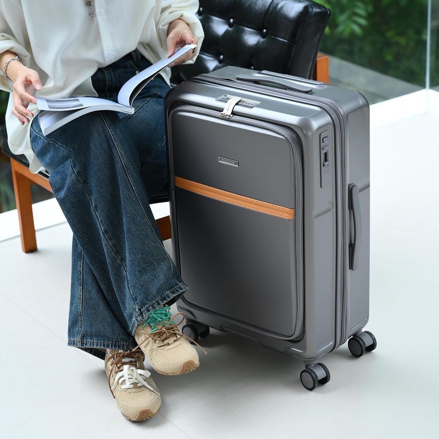 ROAMING Expandable 24-Inch Checked Luggage with Mute Brake Wheels Airline Approved Hard Shell Suitcases with Front Pocket Top Opening Luggage with TSA Lock for Short Business Travel, Palm Grey