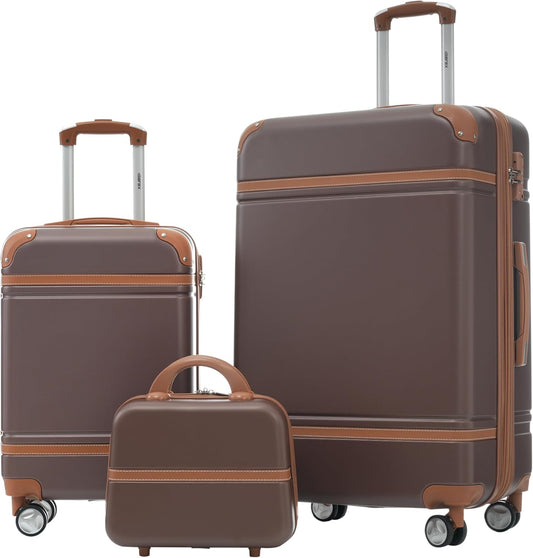 Merax Luggage Set 2 Piece Suitcase Set with Cosmetic Case Expandable Spinner Wheels Vintage Luggage Sets(Brown,20"+28")